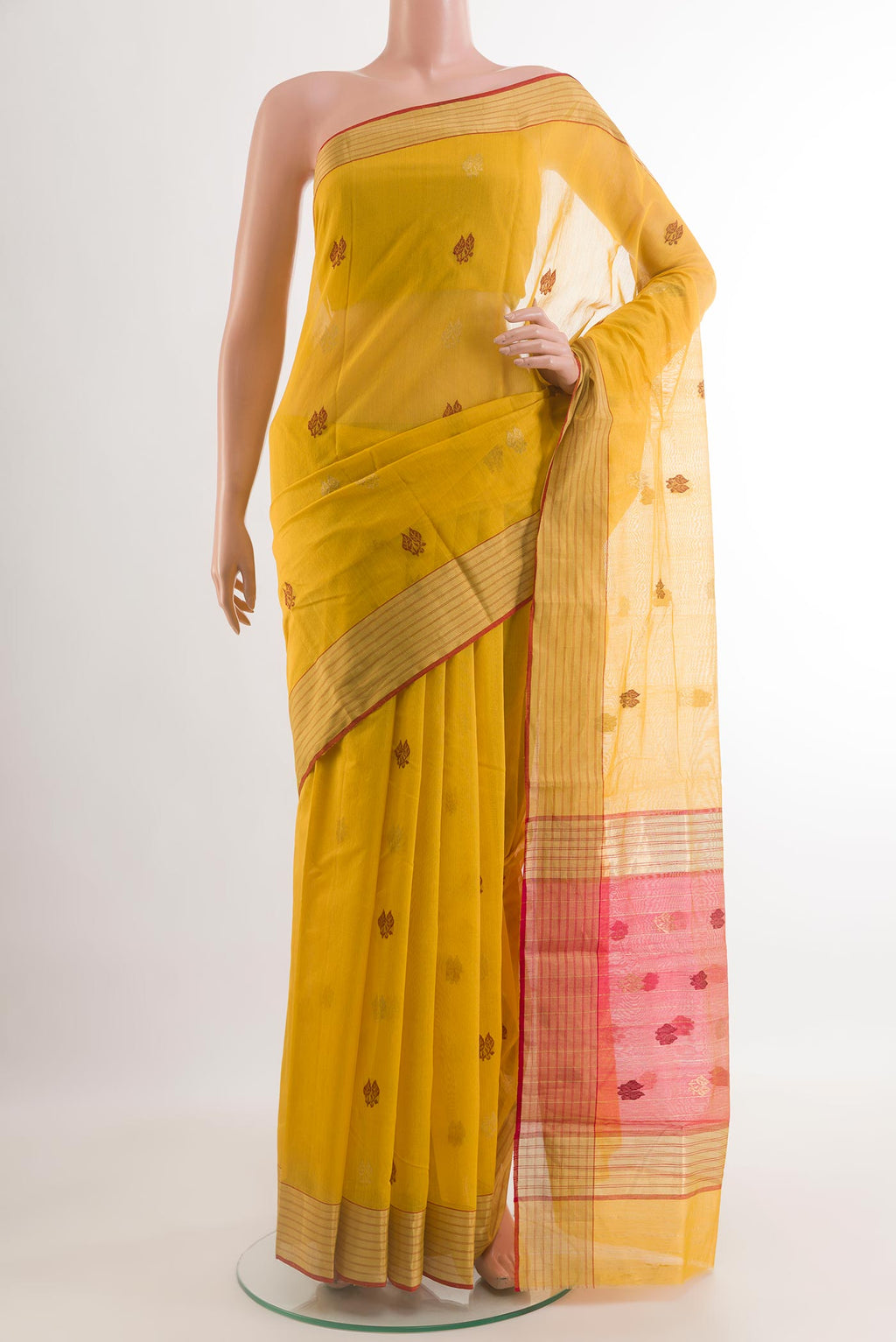 Yellow Blended Chanderi Silk Cotton Saree with Zari And Thread Butta on the body and Zari Border.  displayed on a mannequin