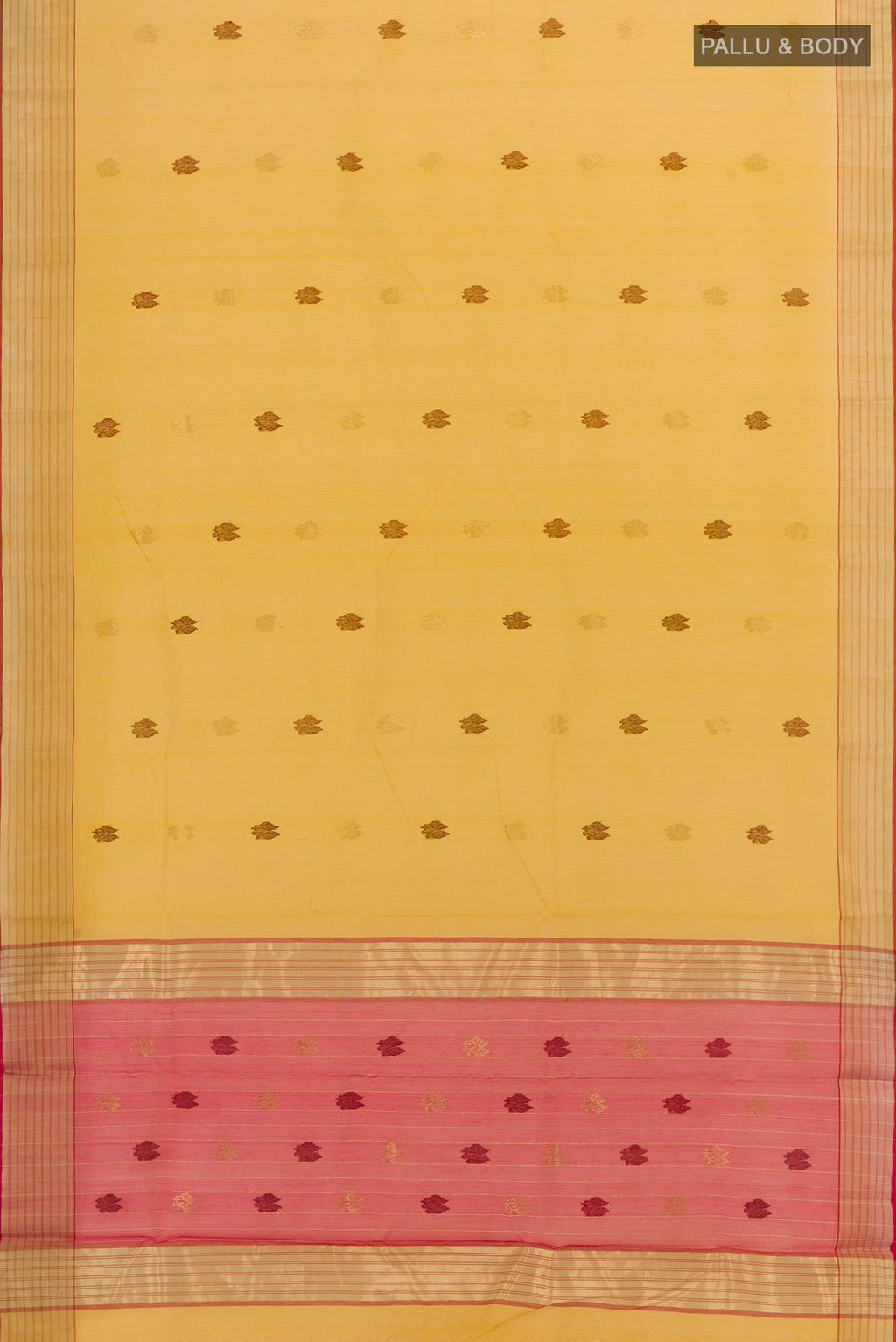 Flat view of Yellow Blended Chanderi Silk Cotton Saree with Zari And Thread Butta on the body and Zari Border. 