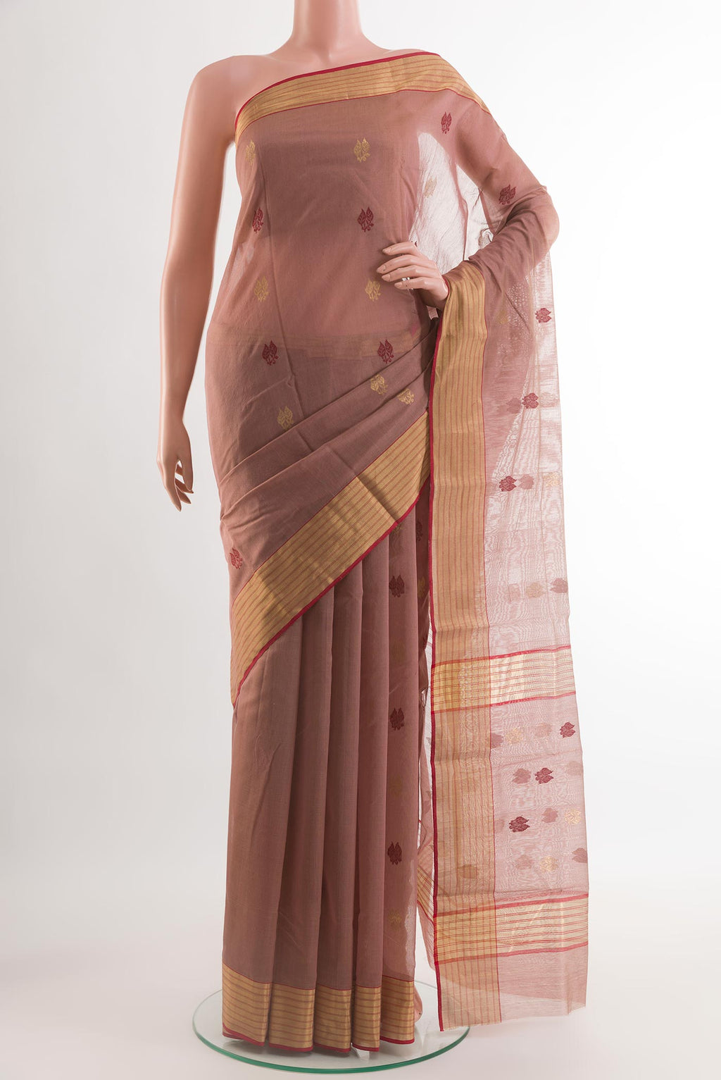 Imperial Pink Chanderi Silk Saree with Zari Butta on the body and Zari Border.  displayed on a mannequin