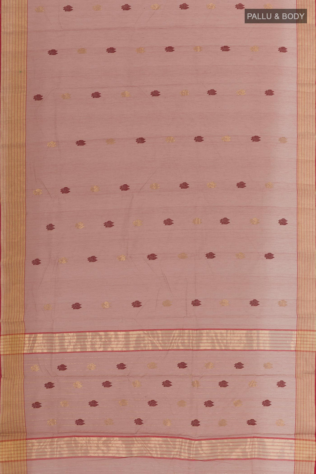 Flat view of Imperial Pink Chanderi Silk Saree with Zari Butta on the body and Zari Border. 