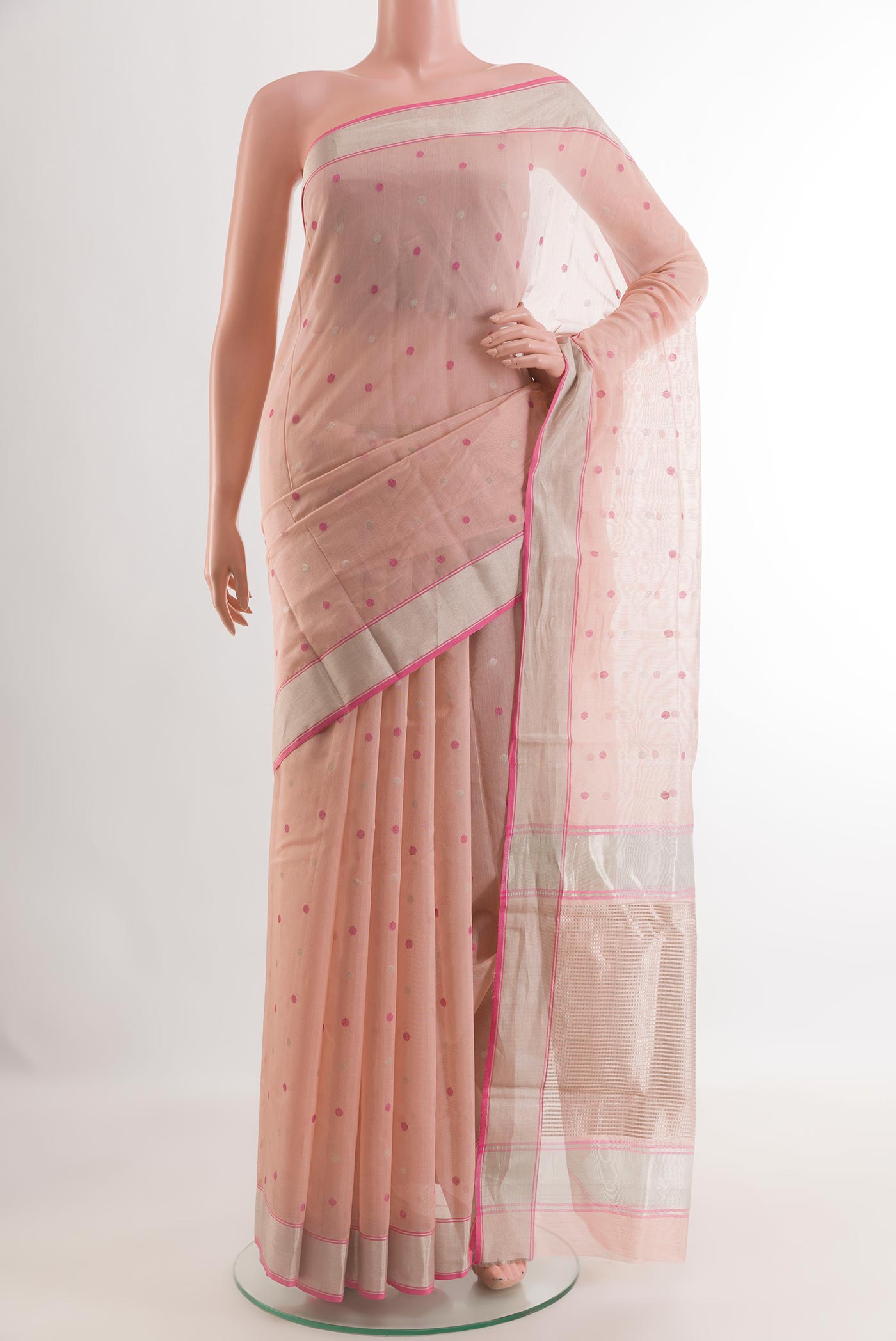 Rose pink Blended Chanderi Silk Cotton Saree with Zari Butta on the body and Zari Border.  displayed on a mannequin