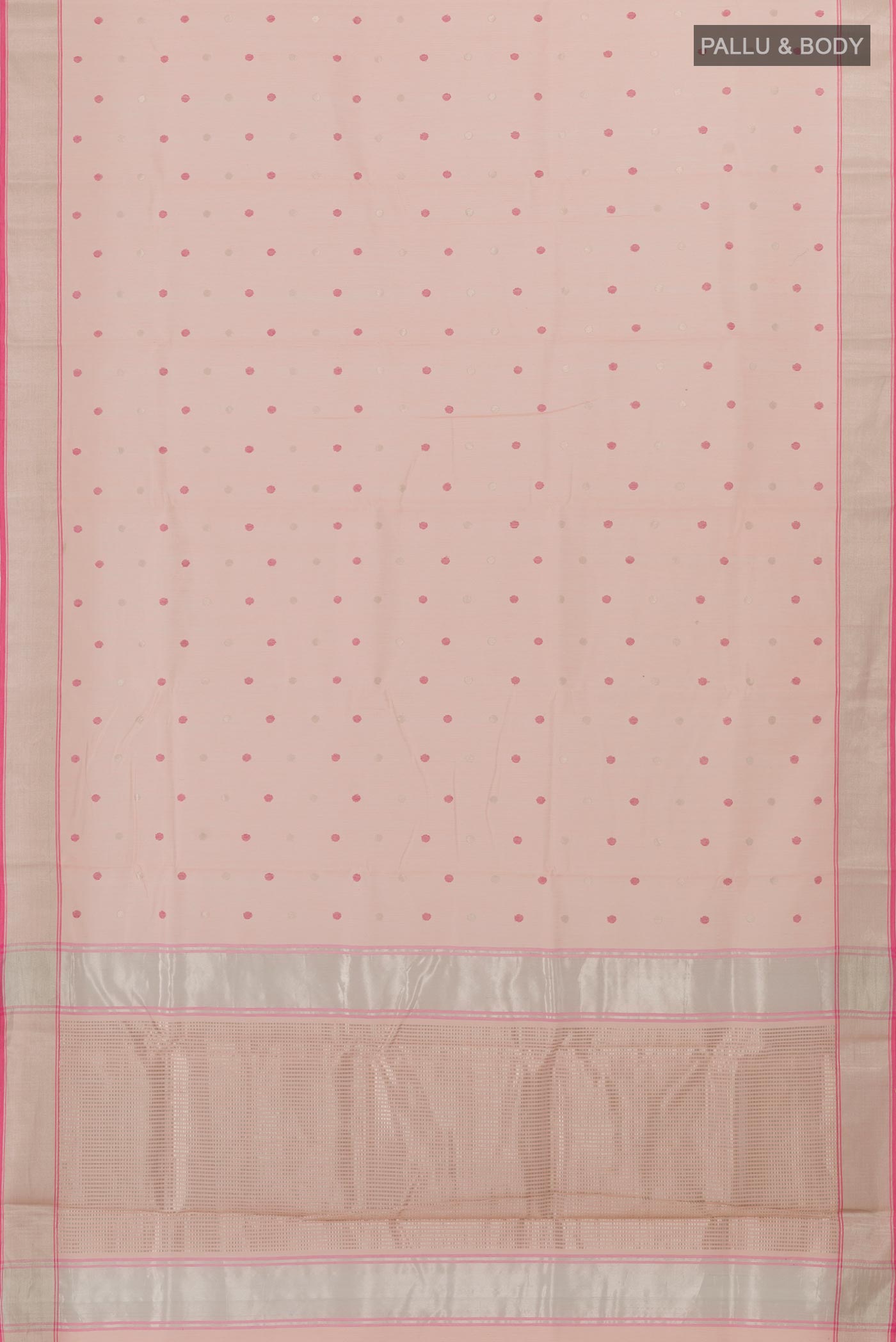 Flat view of Rose pink Blended Chanderi Silk Cotton Saree with Zari Butta on the body and Zari Border. 