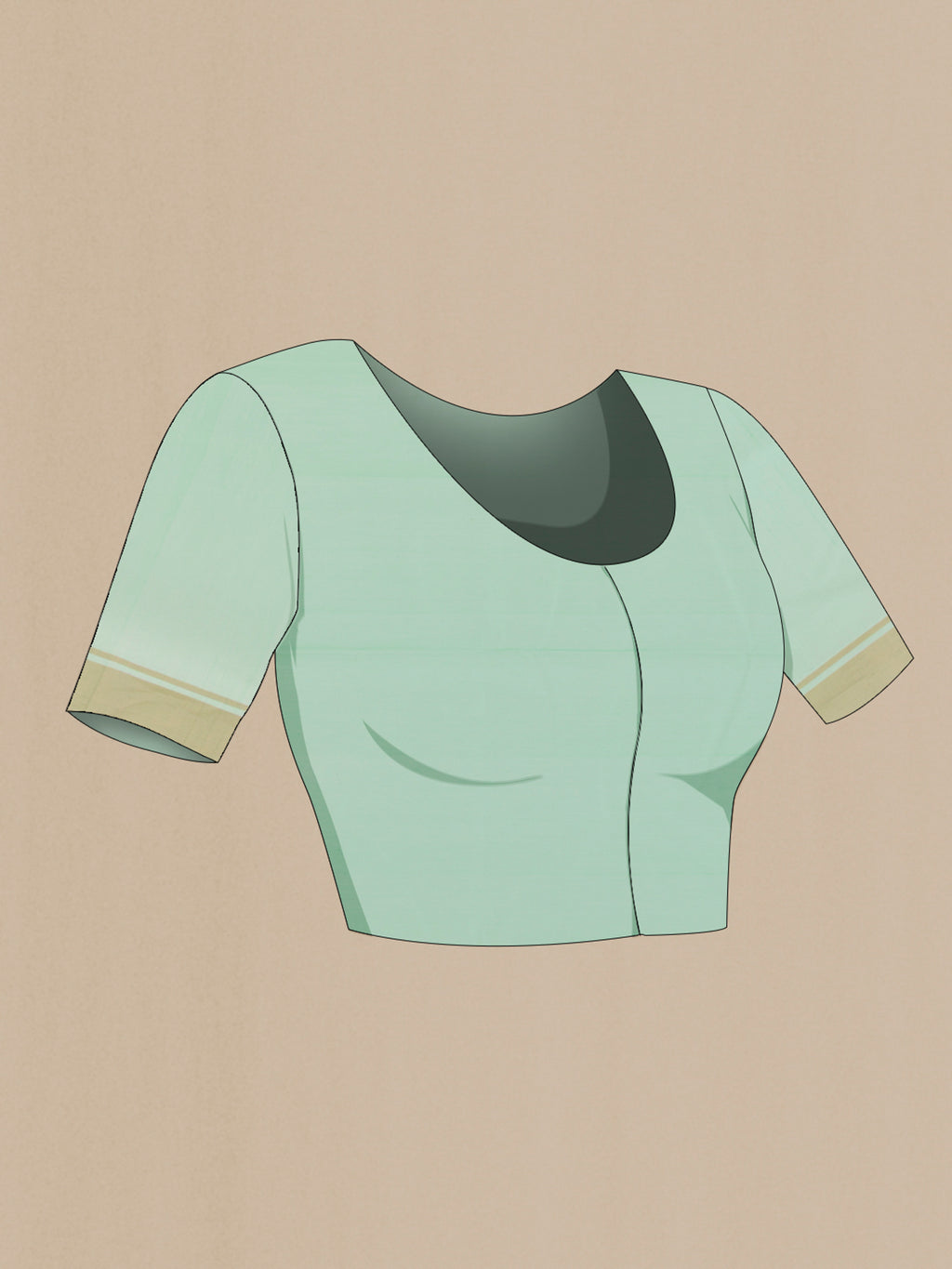 Close up image of the blouse of Sea Green Chanderi Cotton Saree with Zari Butta on the body and Zari Border. 