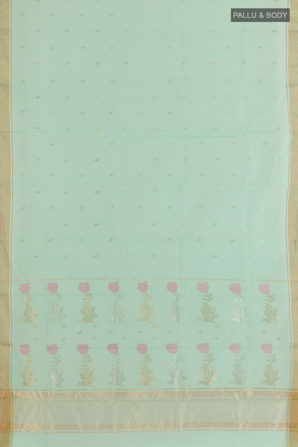 Flat view of Sea Green Chanderi Cotton Saree with Zari Butta on the body and Zari Border. 