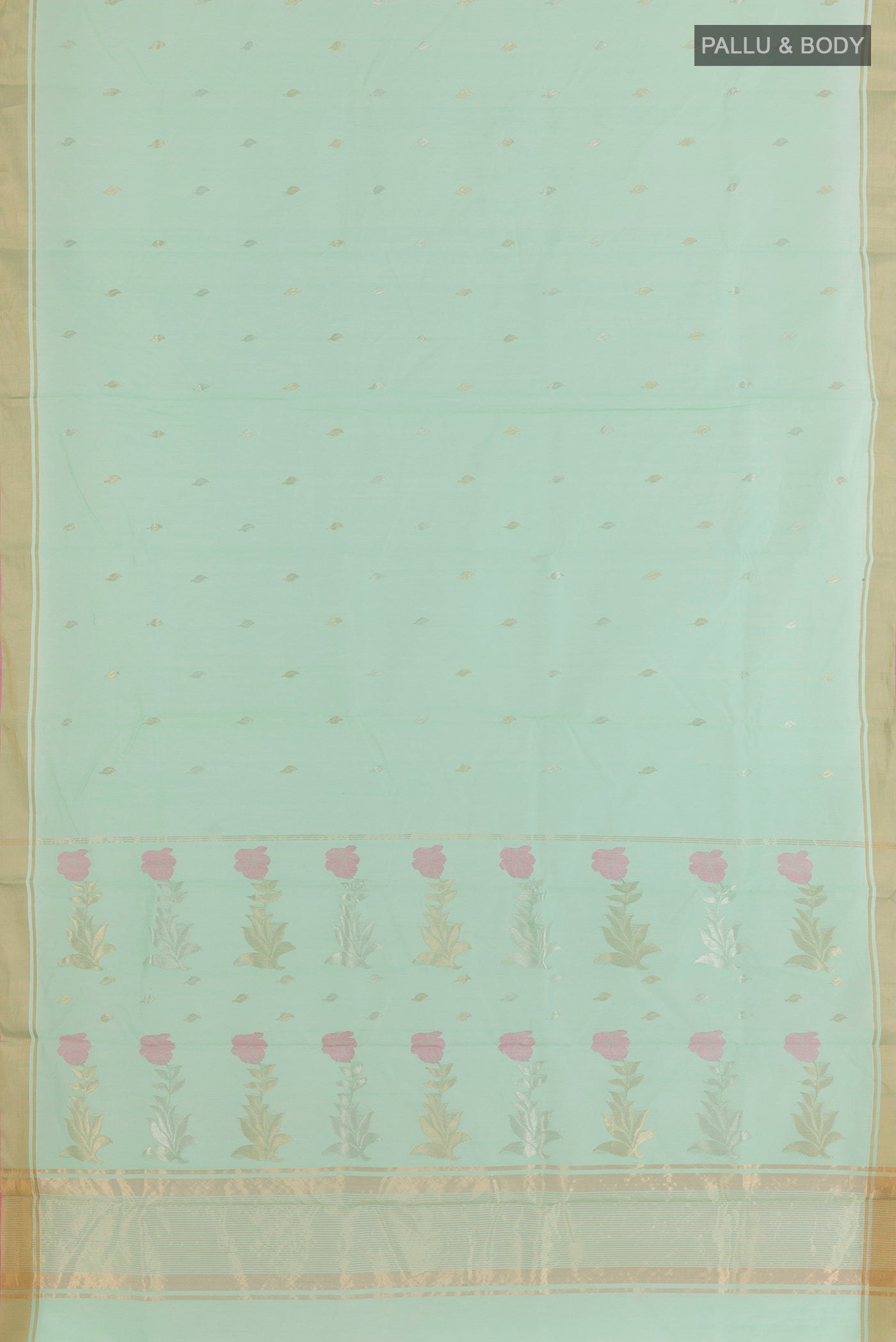 Flat view of Sea Green Chanderi Cotton Saree with Zari Butta on the body and Zari Border. 