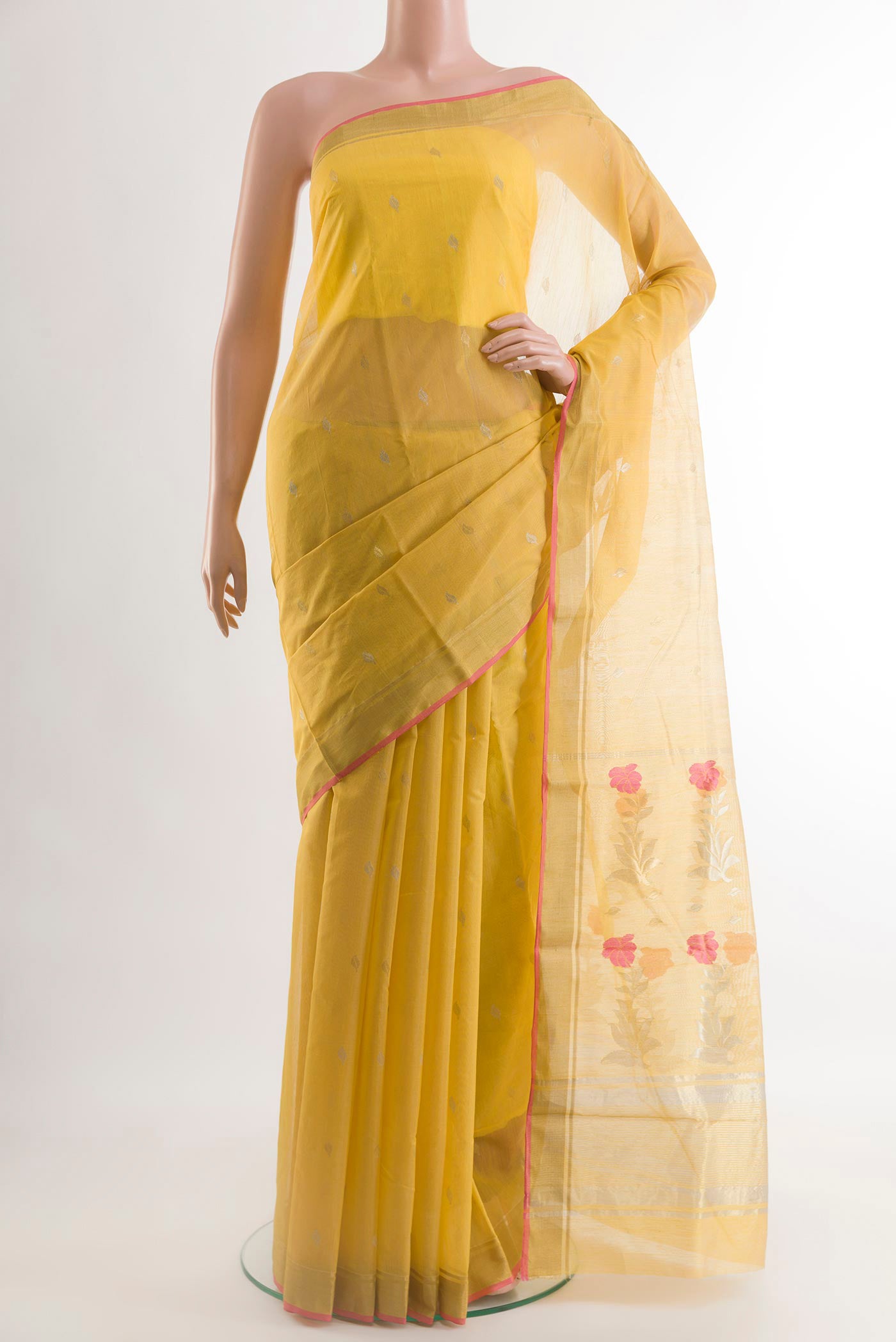 Yellow Blended Chanderi Silk Cotton Saree with Zari Butta on the body and Zari Border.  displayed on a mannequin