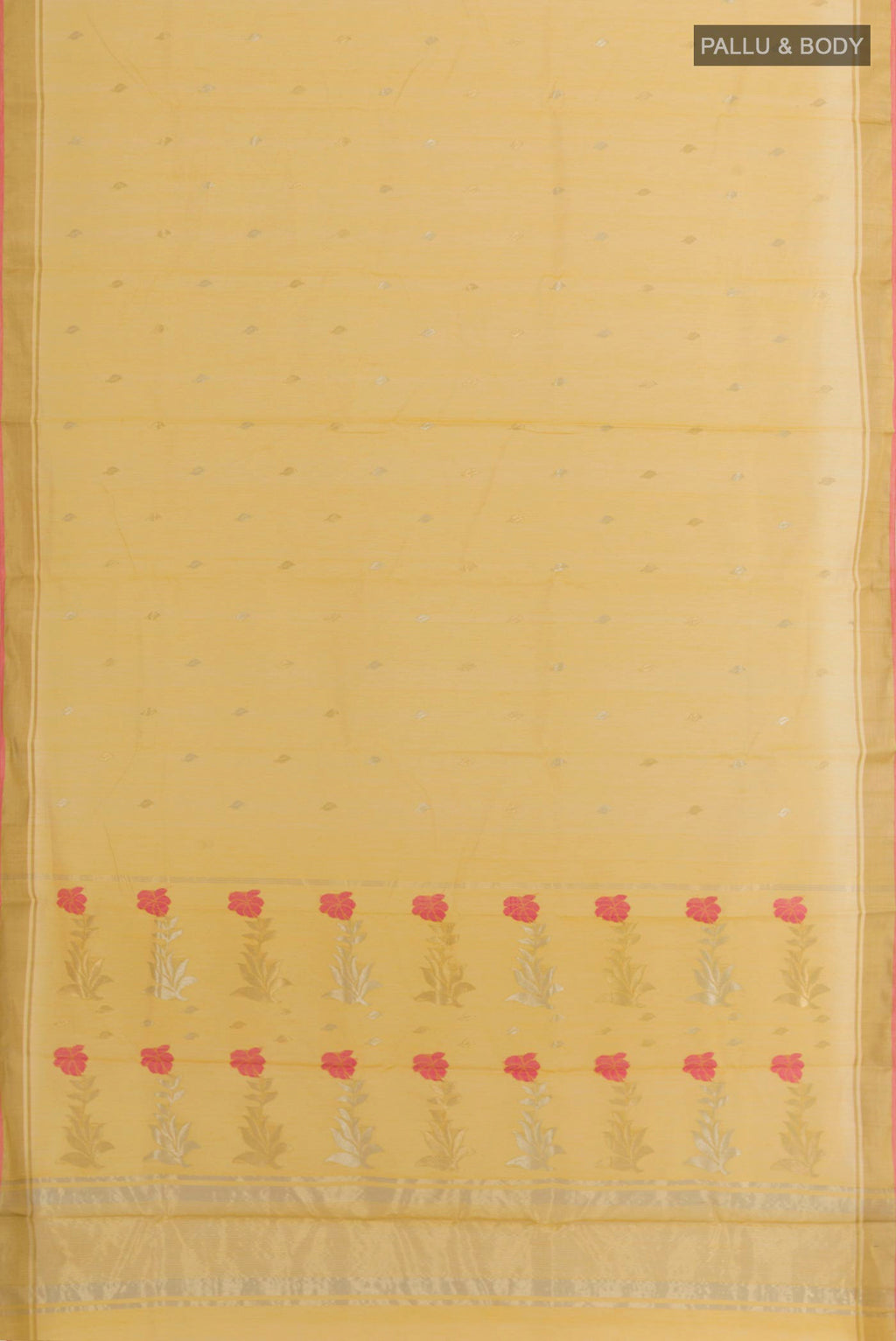 Flat view of Yellow Blended Chanderi Silk Cotton Saree with Zari Butta on the body and Zari Border. 