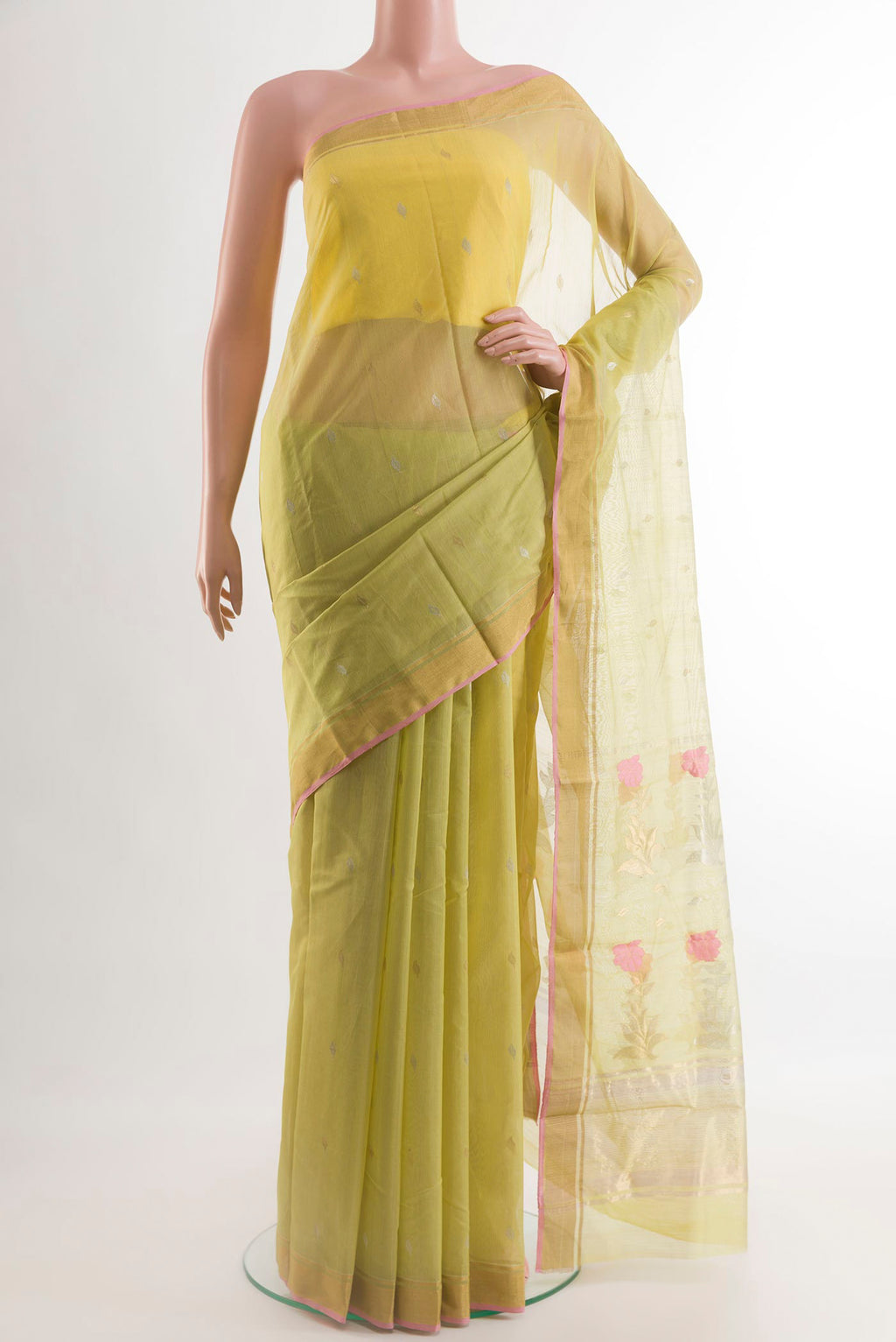 Light Green Blended Chanderi Silk Cotton Saree with Zari Butta on the body and Zari Border.  displayed on a mannequin