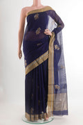 Dark Blue Blended Chanderi Silk Cotton Saree with Zari Butta on the body and Zari Border.  displayed on a mannequin