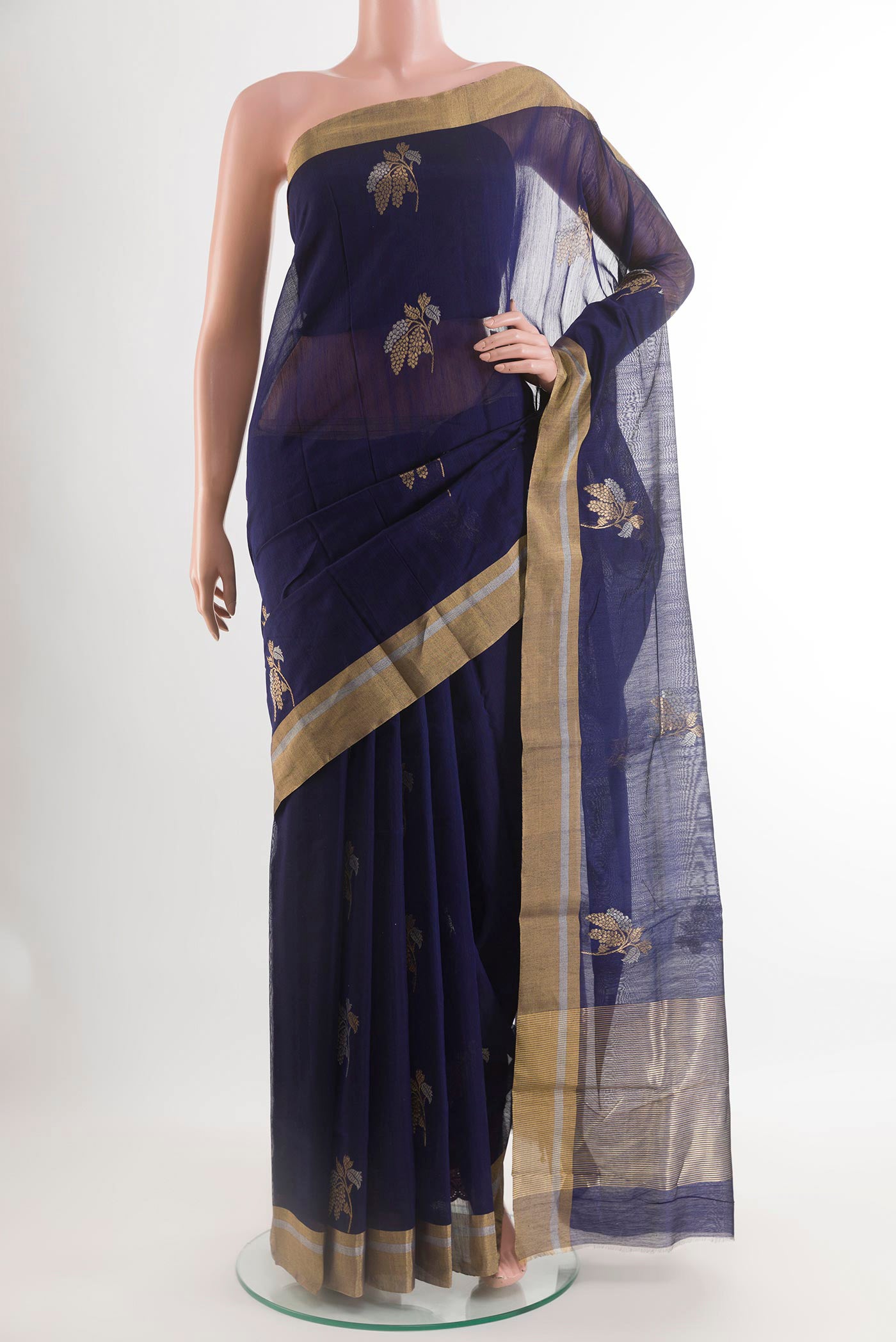 Dark Blue Blended Chanderi Silk Cotton Saree with Zari Butta on the body and Zari Border.  displayed on a mannequin