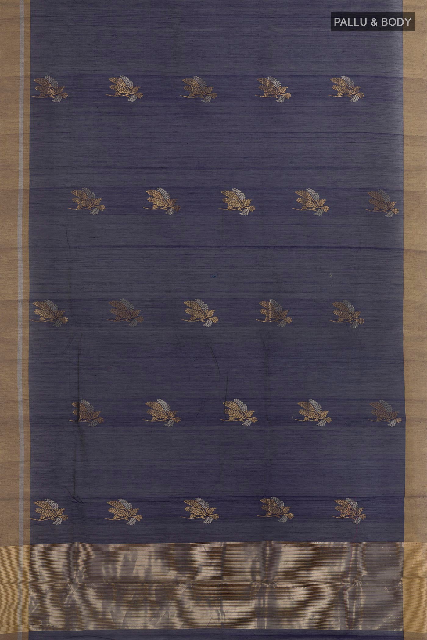 Flat view of Dark Blue Blended Chanderi Silk Cotton Saree with Zari Butta on the body and Zari Border. 