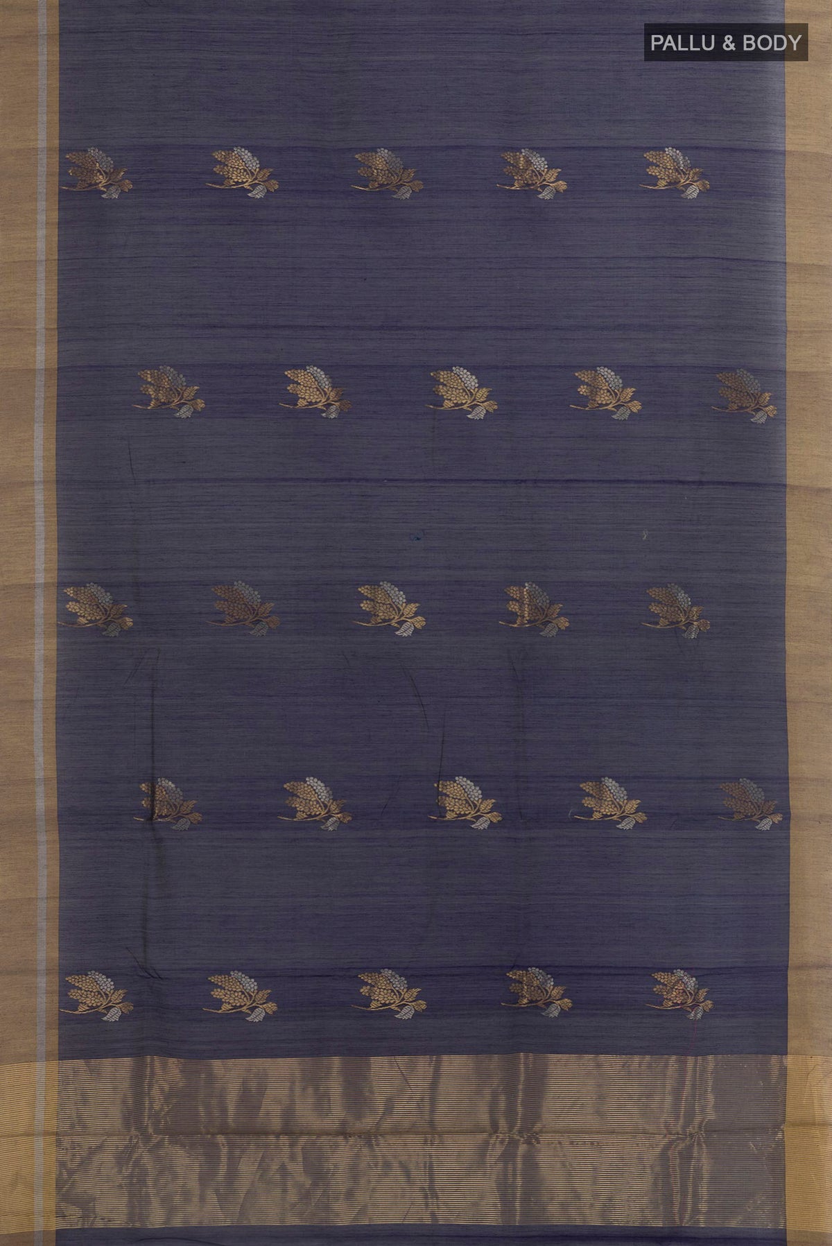 Flat view of Dark Blue Blended Chanderi Silk Cotton Saree with Zari Butta on the body and Zari Border. 