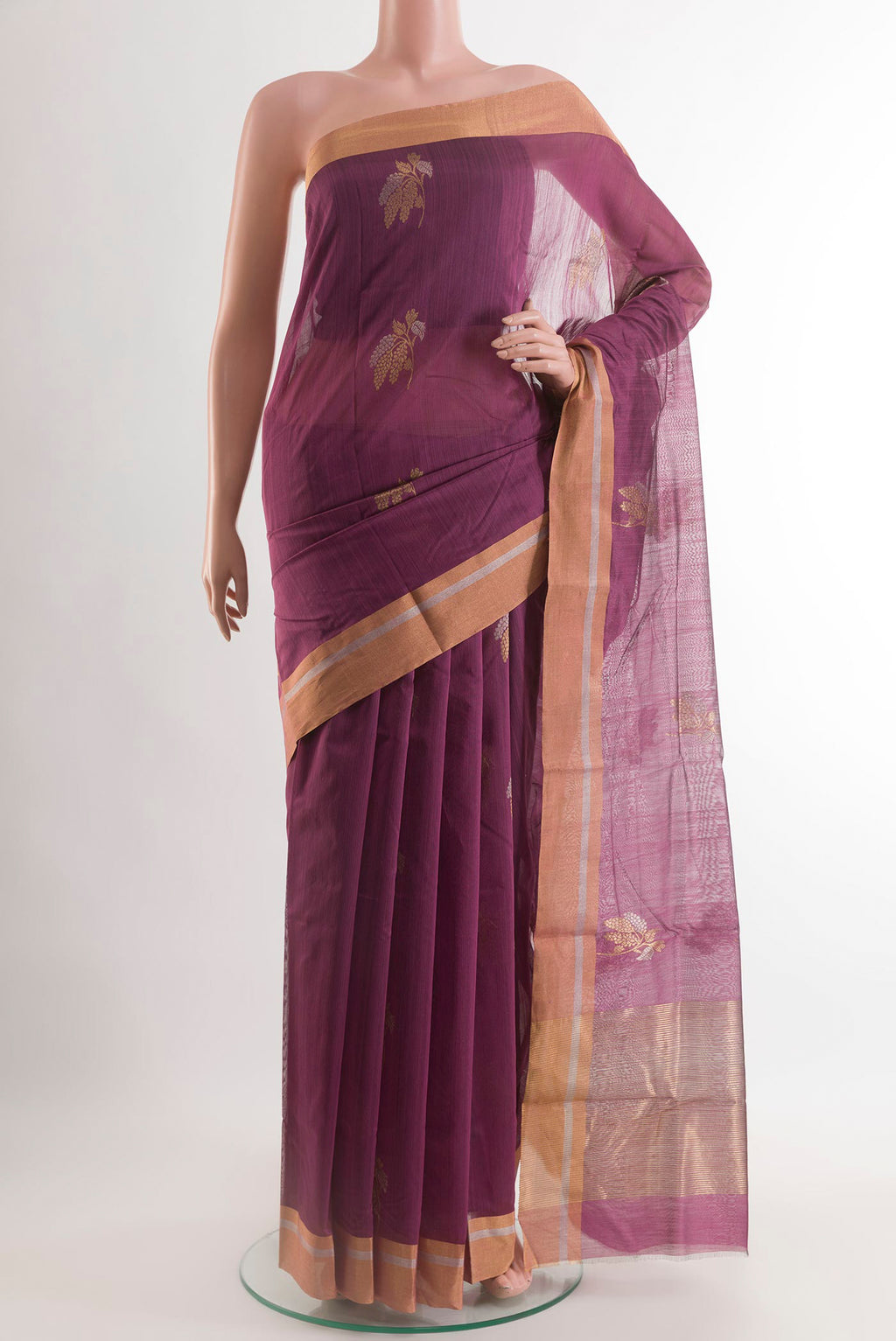 Purple Blended Chanderi Silk Cotton Saree with Zari Butta on the body and Zari Border.  displayed on a mannequin