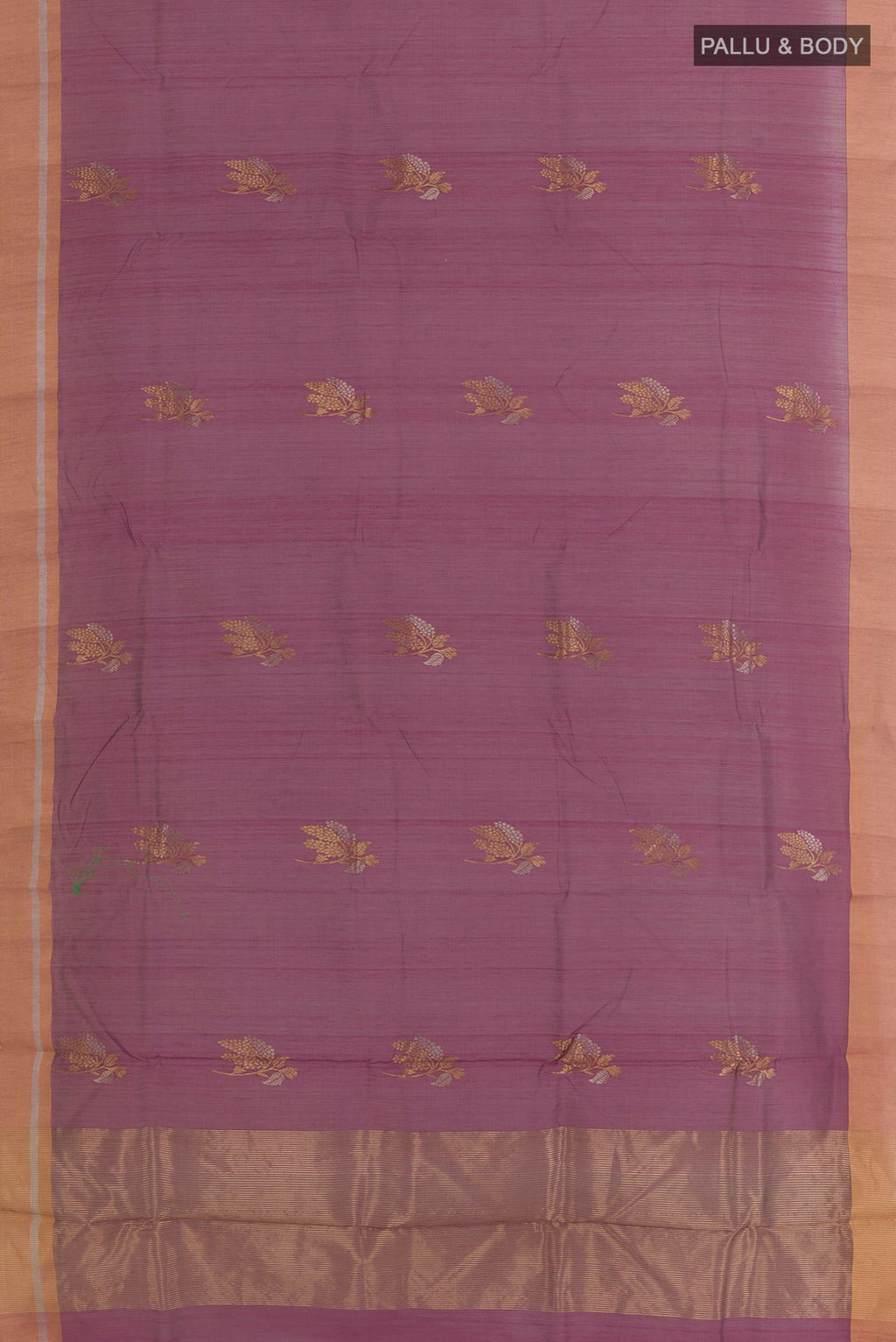 Flat view of Purple Blended Chanderi Silk Cotton Saree with Zari Butta on the body and Zari Border. 