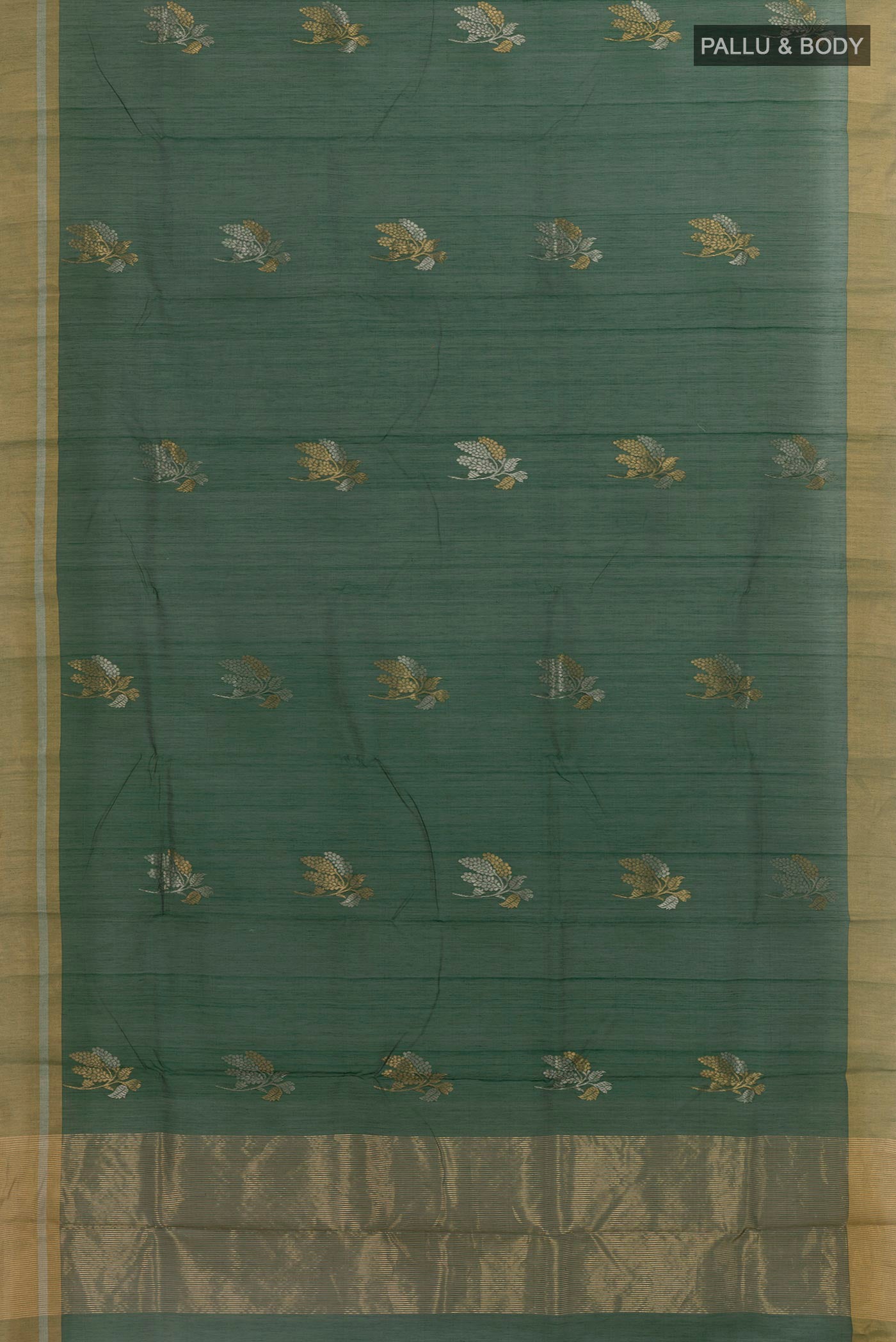 Flat view of Bottle Green Blended Chanderi Silk Cotton Saree with Zari Butta on the body and Zari Border. 