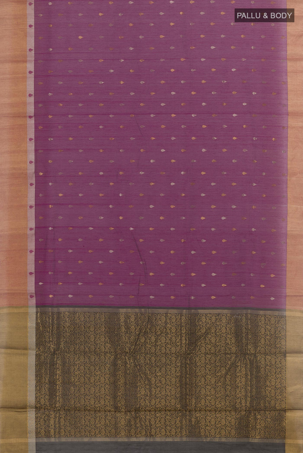 Flat view of Purple Chanderi Silk Cotton Saree with Zari Butta on the body and Zari Border. 