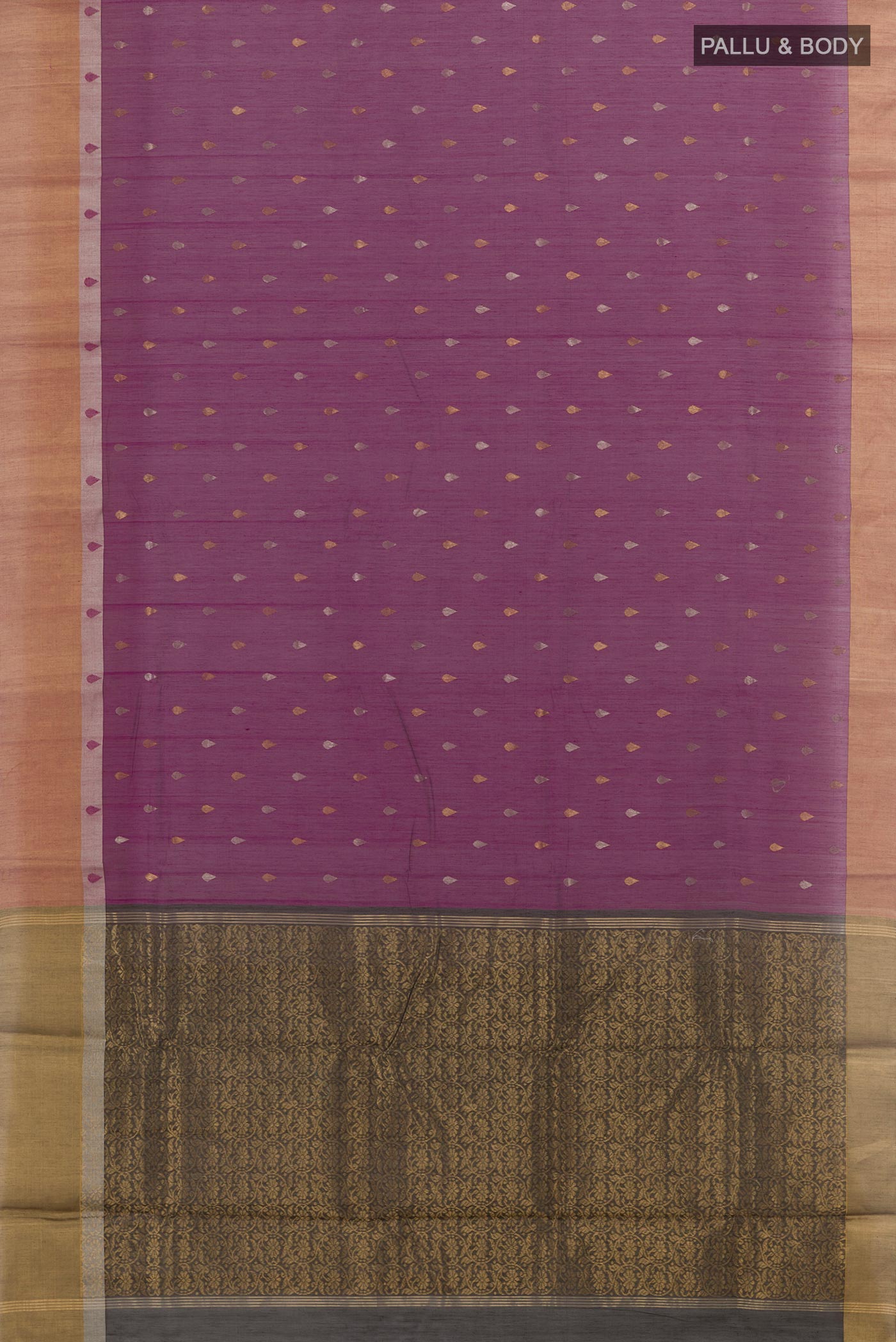 Flat view of Purple Chanderi Silk Cotton Saree with Zari Butta on the body and Zari Border. 