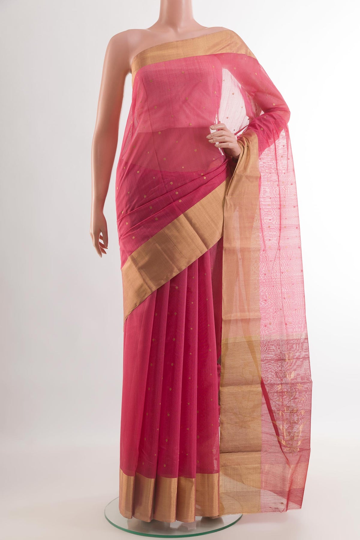 Pink Blended Chanderi Silk Cotton Saree with Zari Butta on the body and Zari Border.  displayed on a mannequin