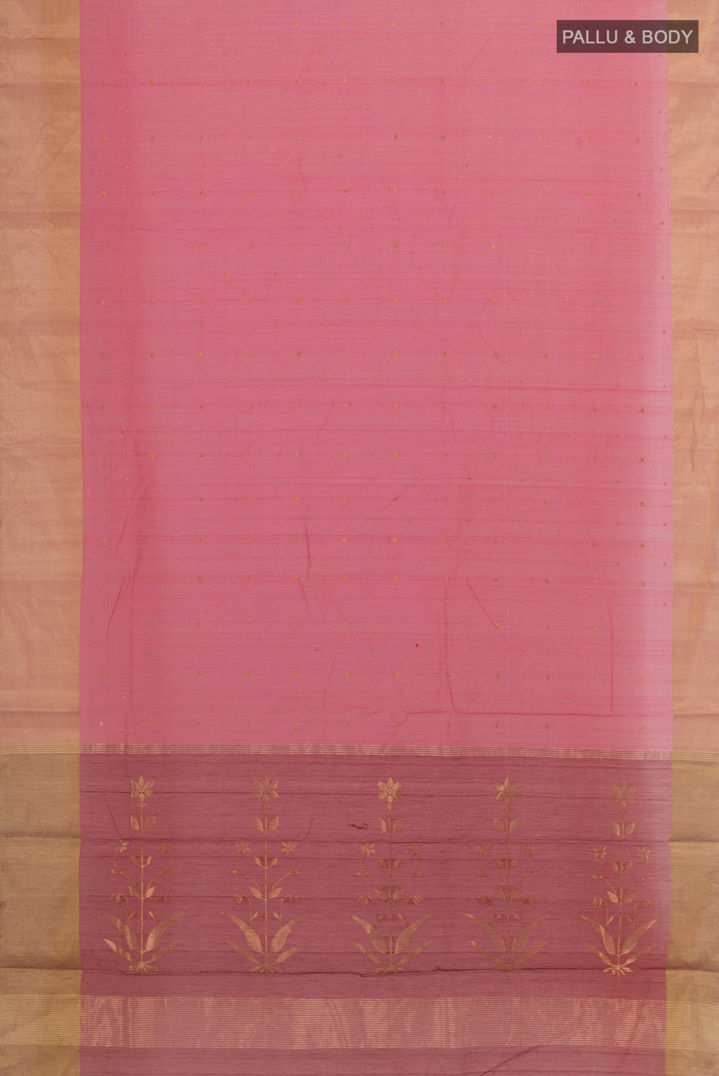 Flat view of Pink Blended Chanderi Silk Cotton Saree with Zari Butta on the body and Zari Border. 