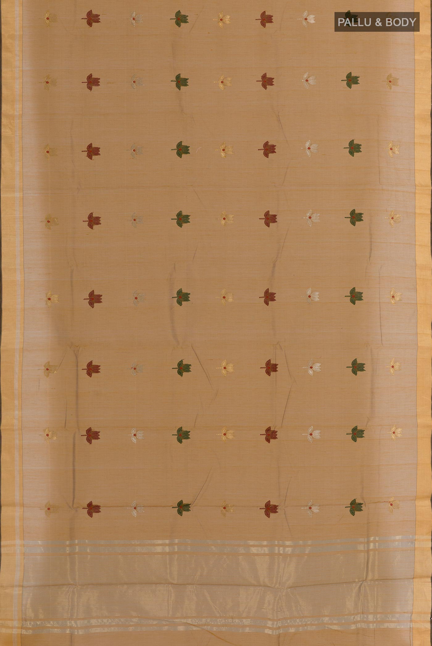Flat view of Mehandi Green Chanderi Silk Saree with Zari Butta on the body and Zari Border. 