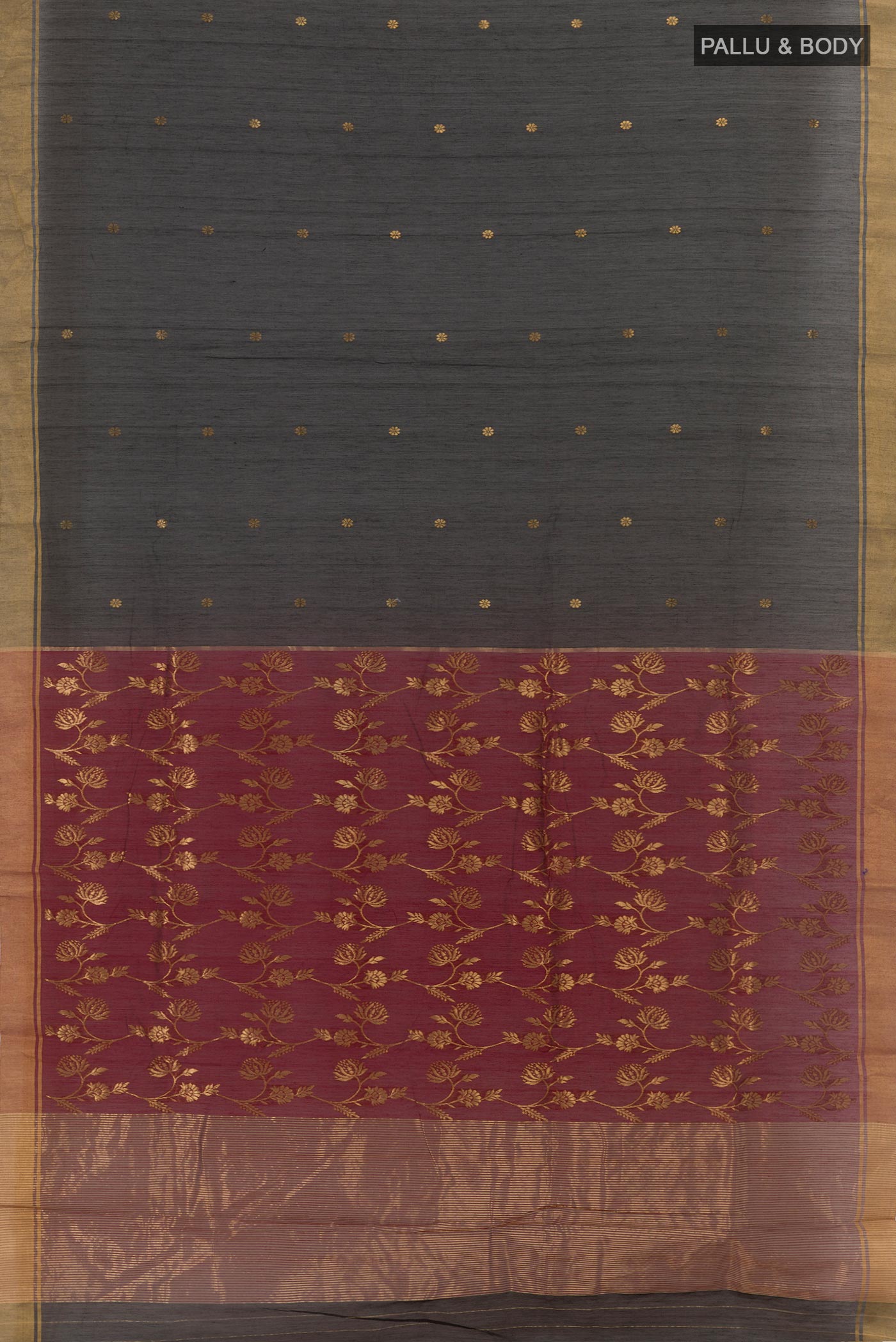 Flat view of Black Chanderi Silk Cotton Saree with Zari Butta on the body and Zari Border. 