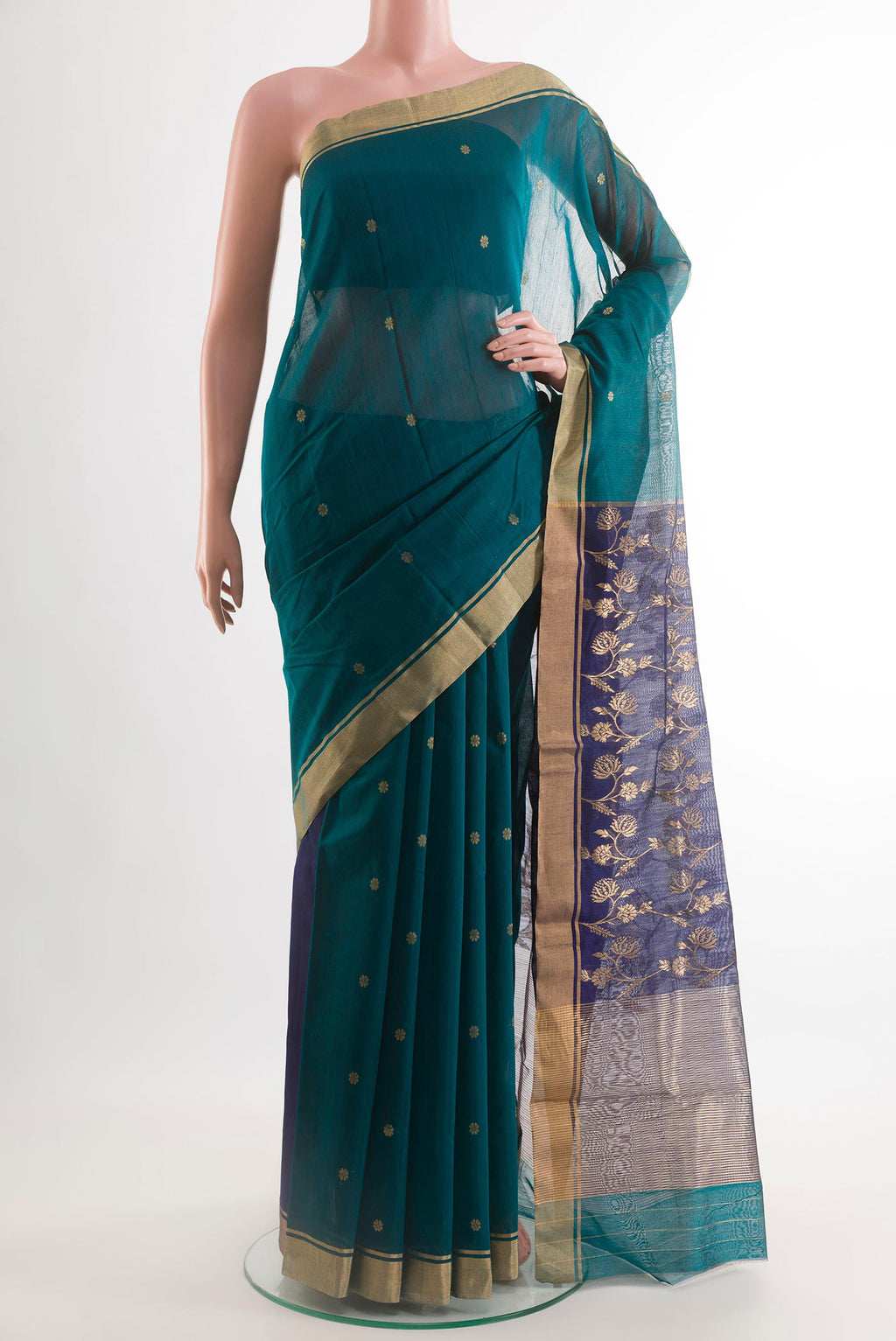 Blue Blended Chanderi Silk Cotton Saree with Zari Butta on the body and Zari Border.  displayed on a mannequin