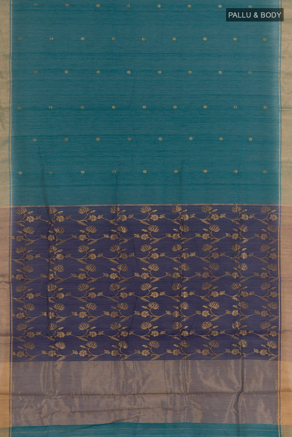 Flat view of Blue Blended Chanderi Silk Cotton Saree with Zari Butta on the body and Zari Border. 
