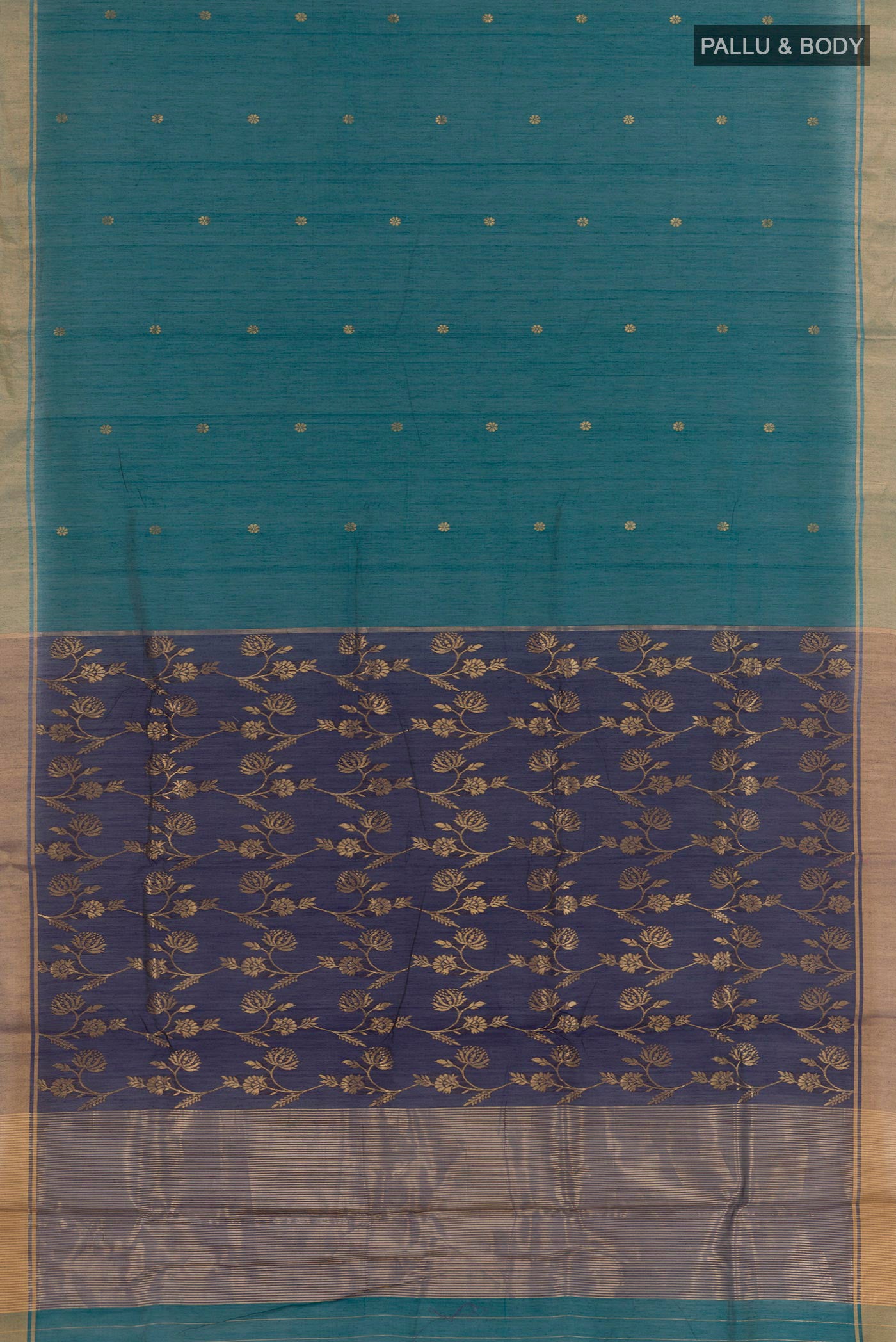 Flat view of Blue Blended Chanderi Silk Cotton Saree with Zari Butta on the body and Zari Border. 