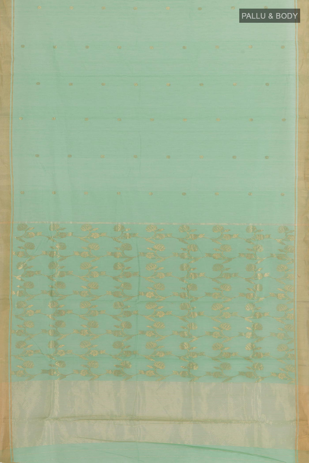 Flat view of Sea Green Chanderi Silk Cotton Saree with Zari Butta on the body and Zari Border. 