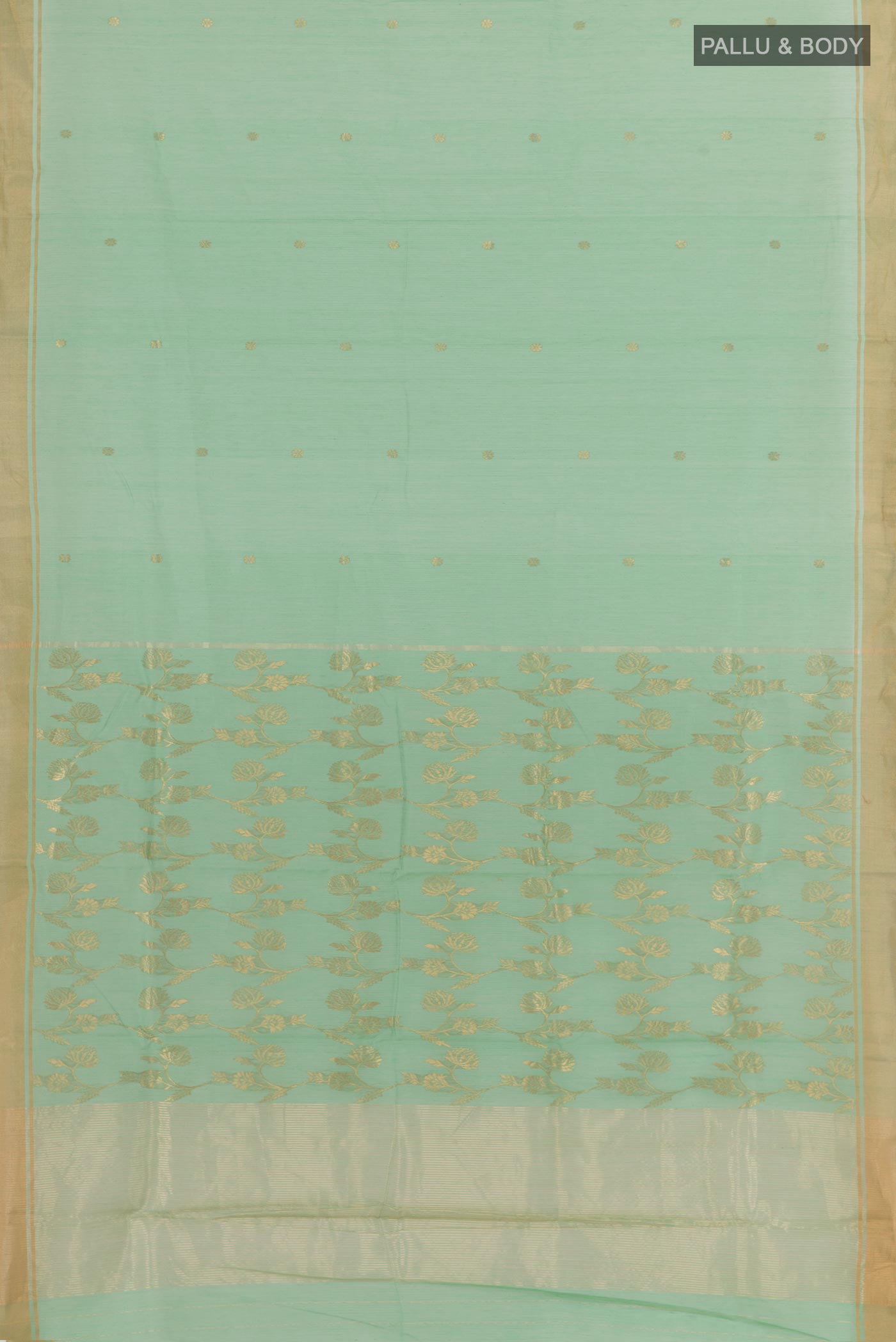 Flat view of Sea Green Chanderi Silk Cotton Saree with Zari Butta on the body and Zari Border. 
