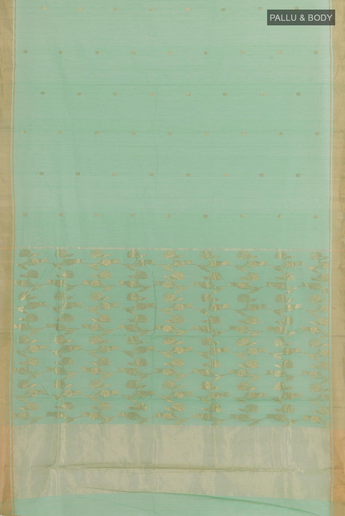 Flat view of Sea Green Chanderi Silk Cotton Saree with Zari Butta on the body and Zari Border. 