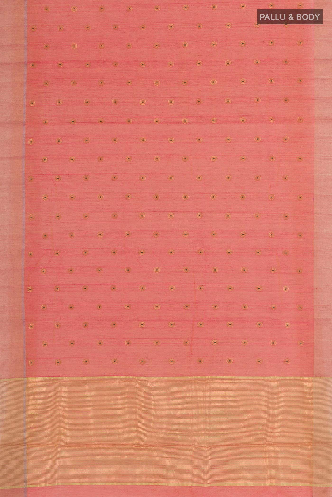 Flat view of Orange Blended Chanderi Silk Cotton Saree with Zari Butta on the body and Zari Border. 