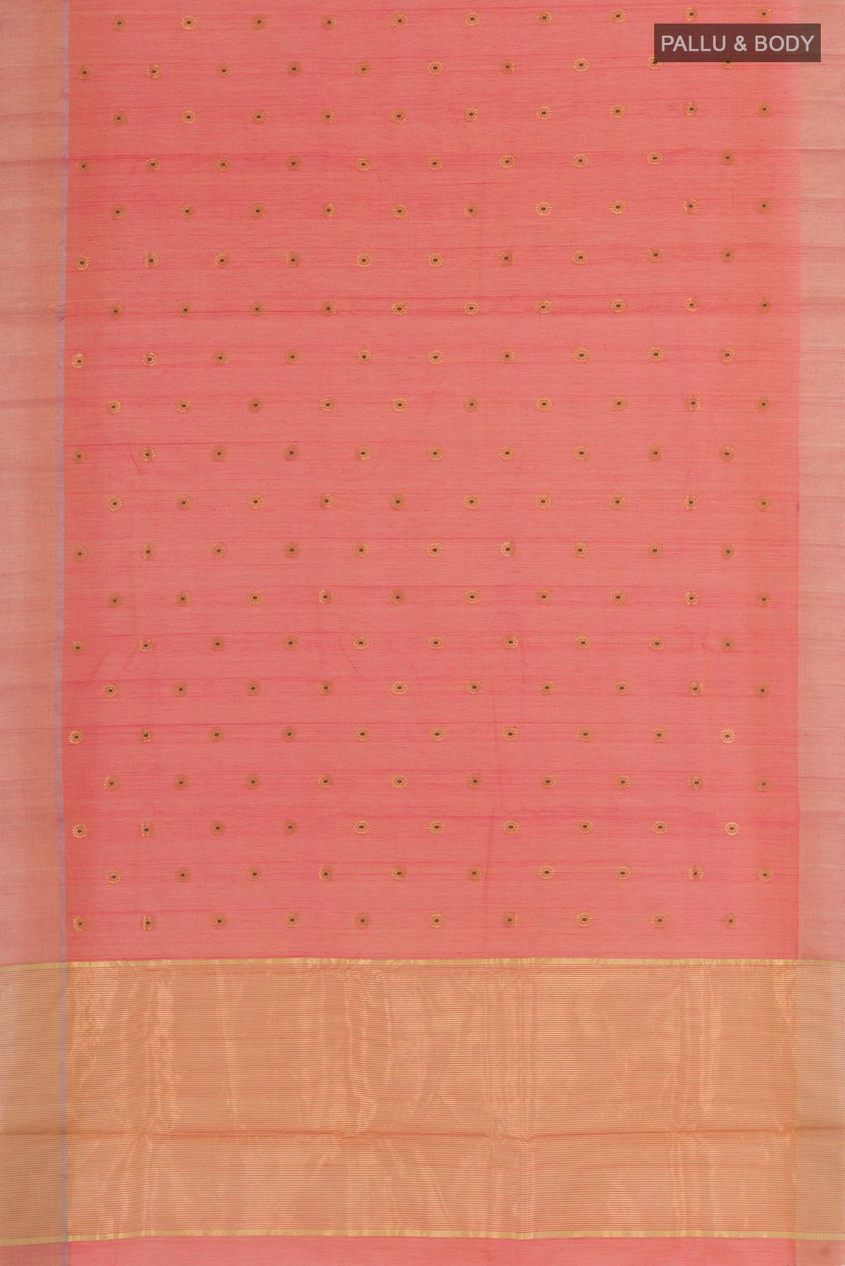 Flat view of Orange Blended Chanderi Silk Cotton Saree with Zari Butta on the body and Zari Border. 