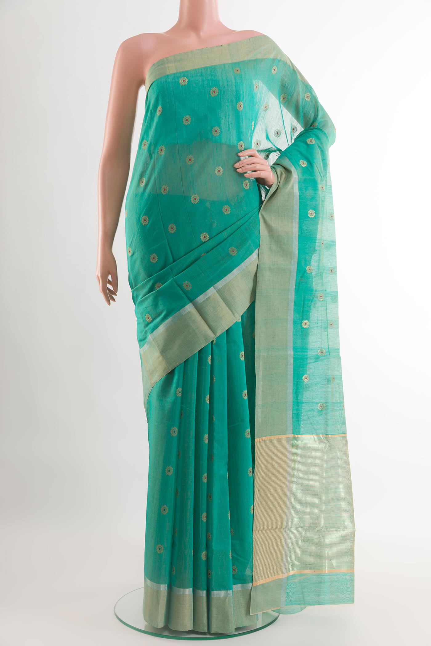 Blue Chanderi Silk Saree with Zari Butta on the body and Zari Border.  displayed on a mannequin
