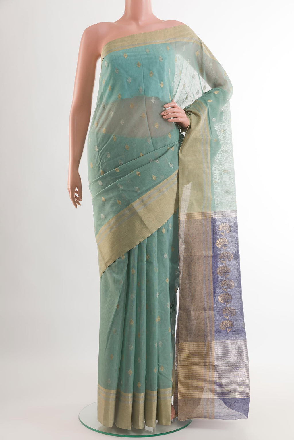 Blue Grey Chanderi Silk Saree with Zari Butta on the body and Zari Border.  displayed on a mannequin