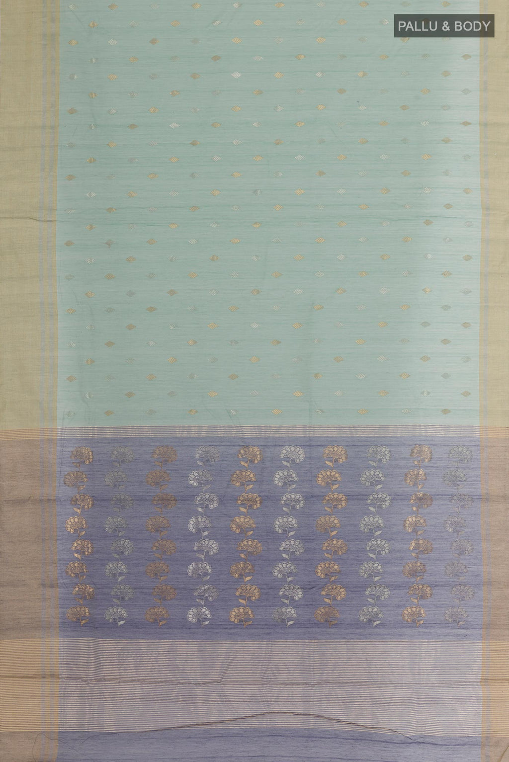 Flat view of Blue Grey Chanderi Silk Saree with Zari Butta on the body and Zari Border. 