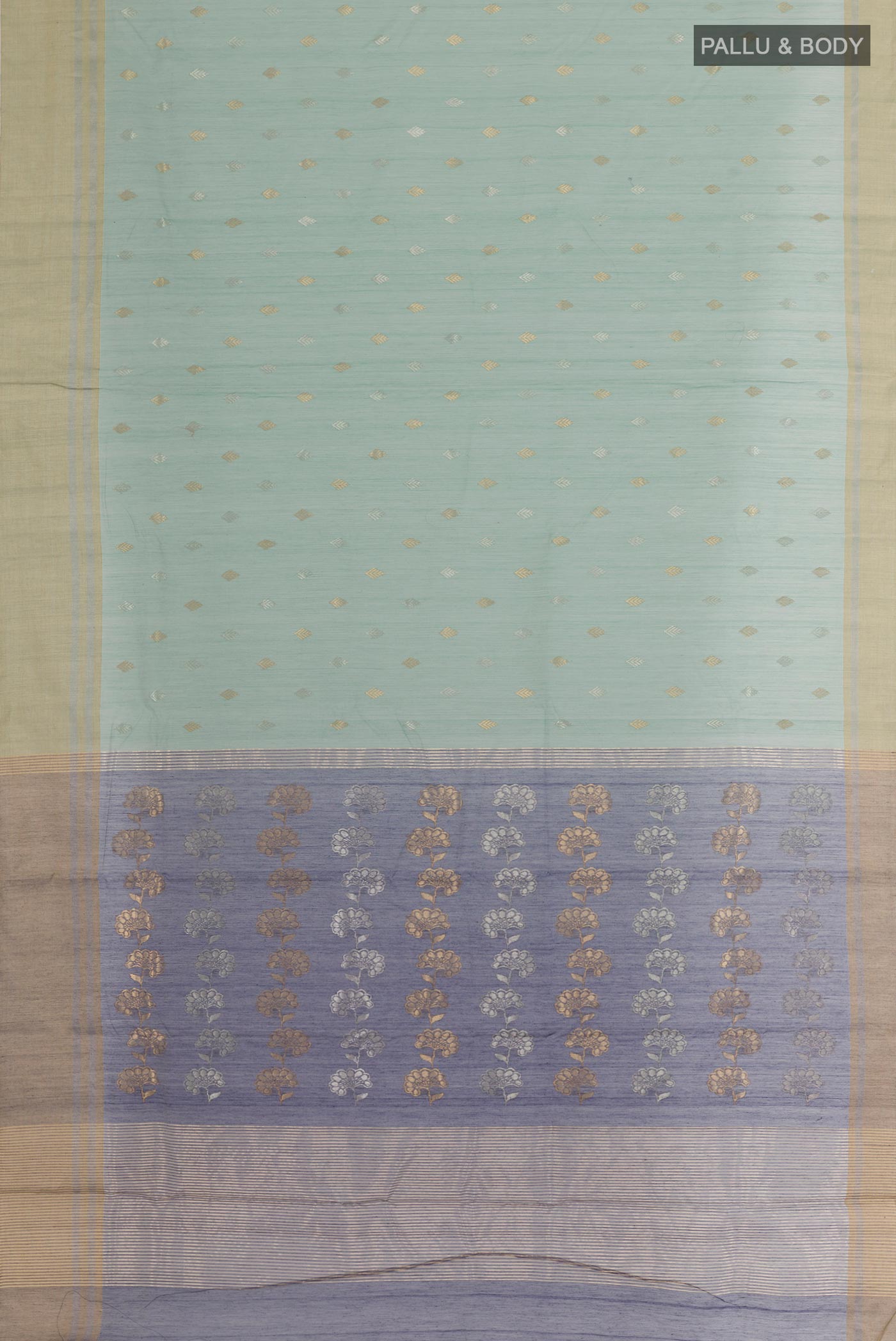 Flat view of Blue Grey Chanderi Silk Saree with Zari Butta on the body and Zari Border. 