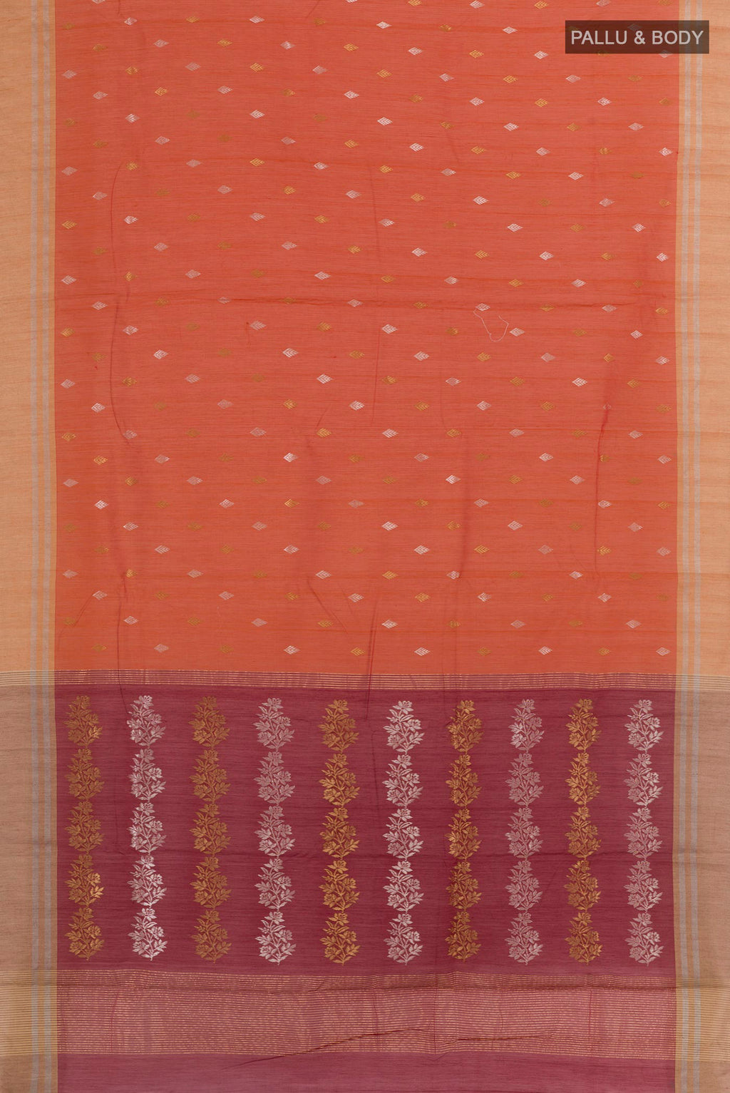 Flat view of Orange Blended Chanderi Silk Cotton Saree with Zari Butta on the body and Zari Border. 