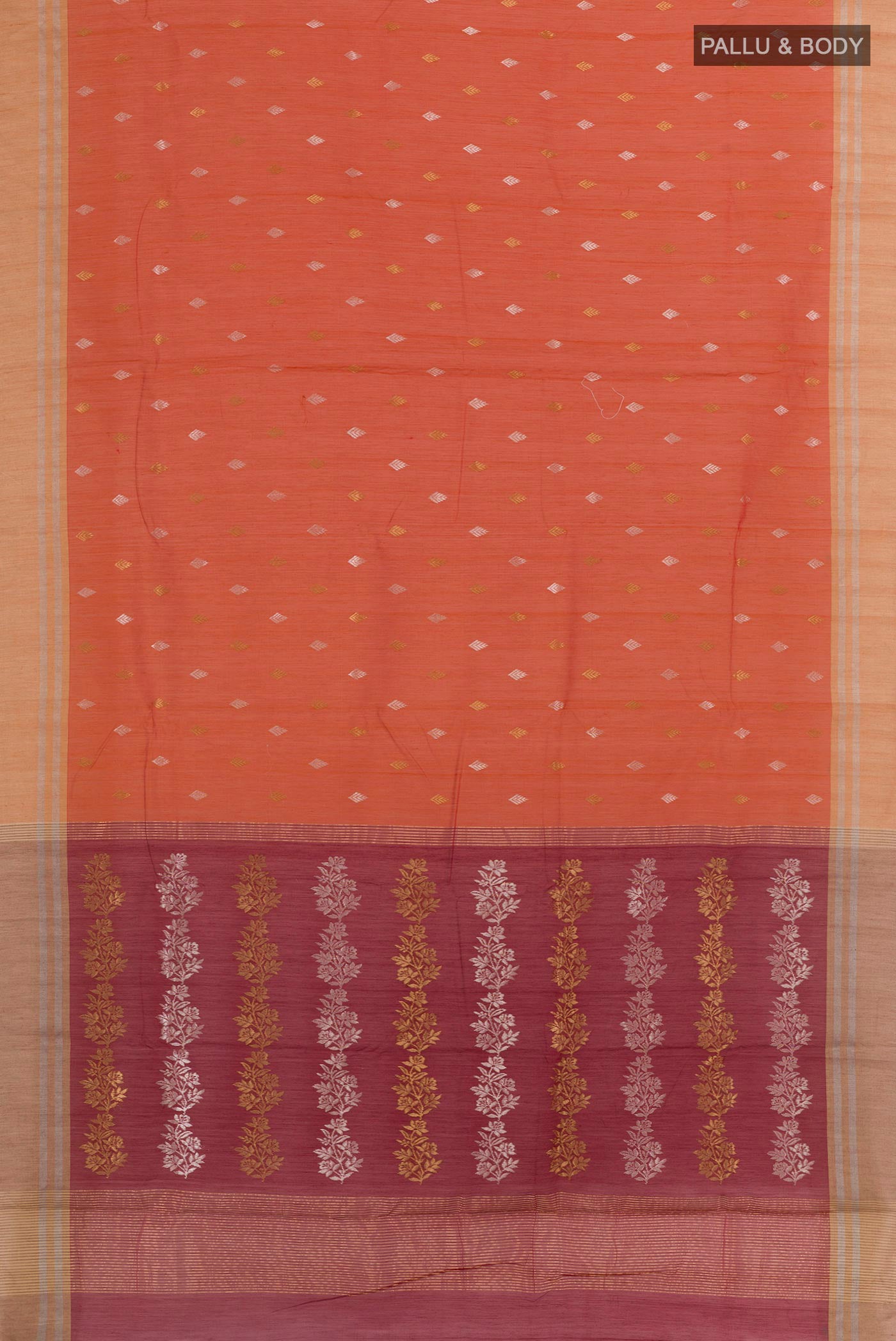 Flat view of Orange Blended Chanderi Silk Cotton Saree with Zari Butta on the body and Zari Border. 