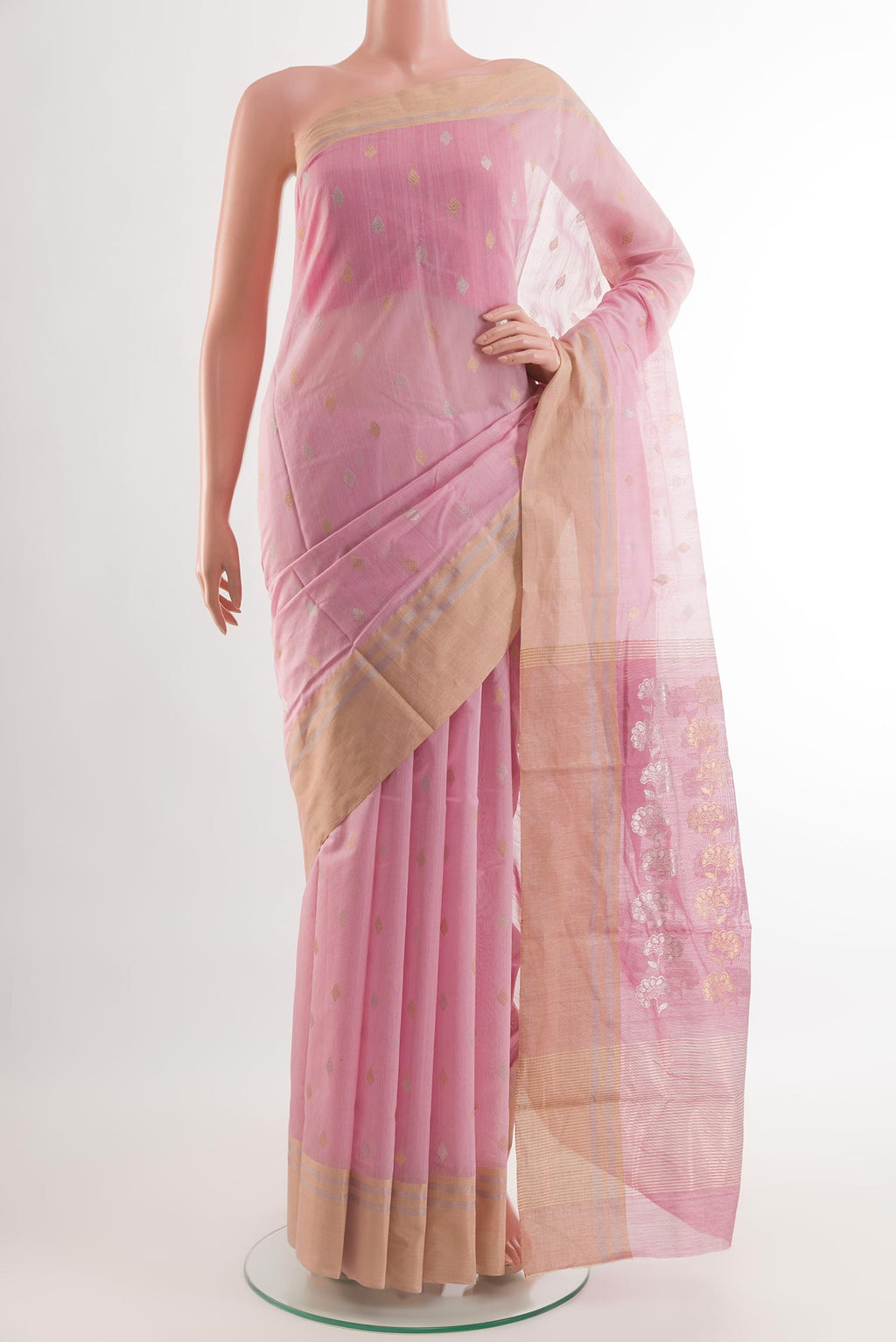 Pink Chanderi Silk Saree with Zari Butta on the body and Zari Border.  displayed on a mannequin