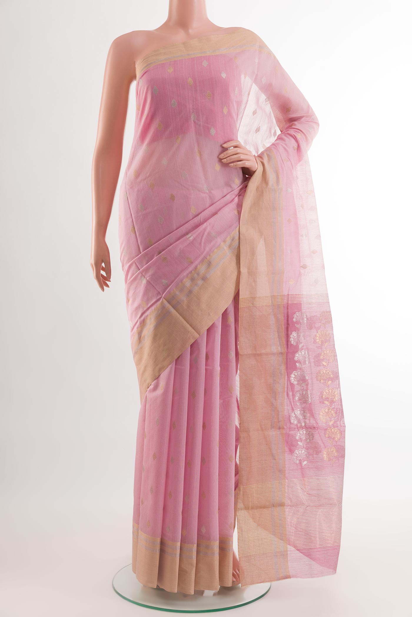 Pink Chanderi Silk Saree with Zari Butta on the body and Zari Border.  displayed on a mannequin