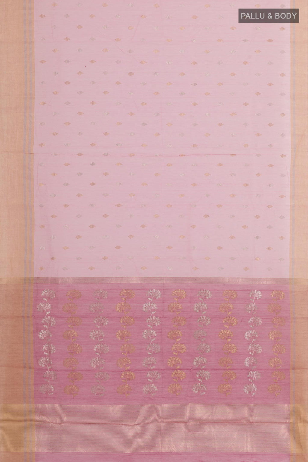 Flat view of Pink Chanderi Silk Saree with Zari Butta on the body and Zari Border. 