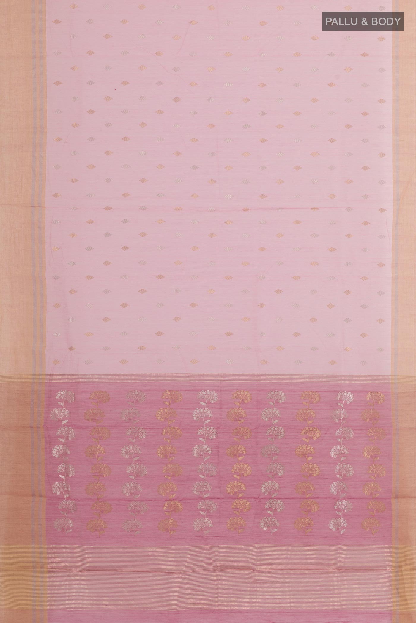 Flat view of Pink Chanderi Silk Saree with Zari Butta on the body and Zari Border. 