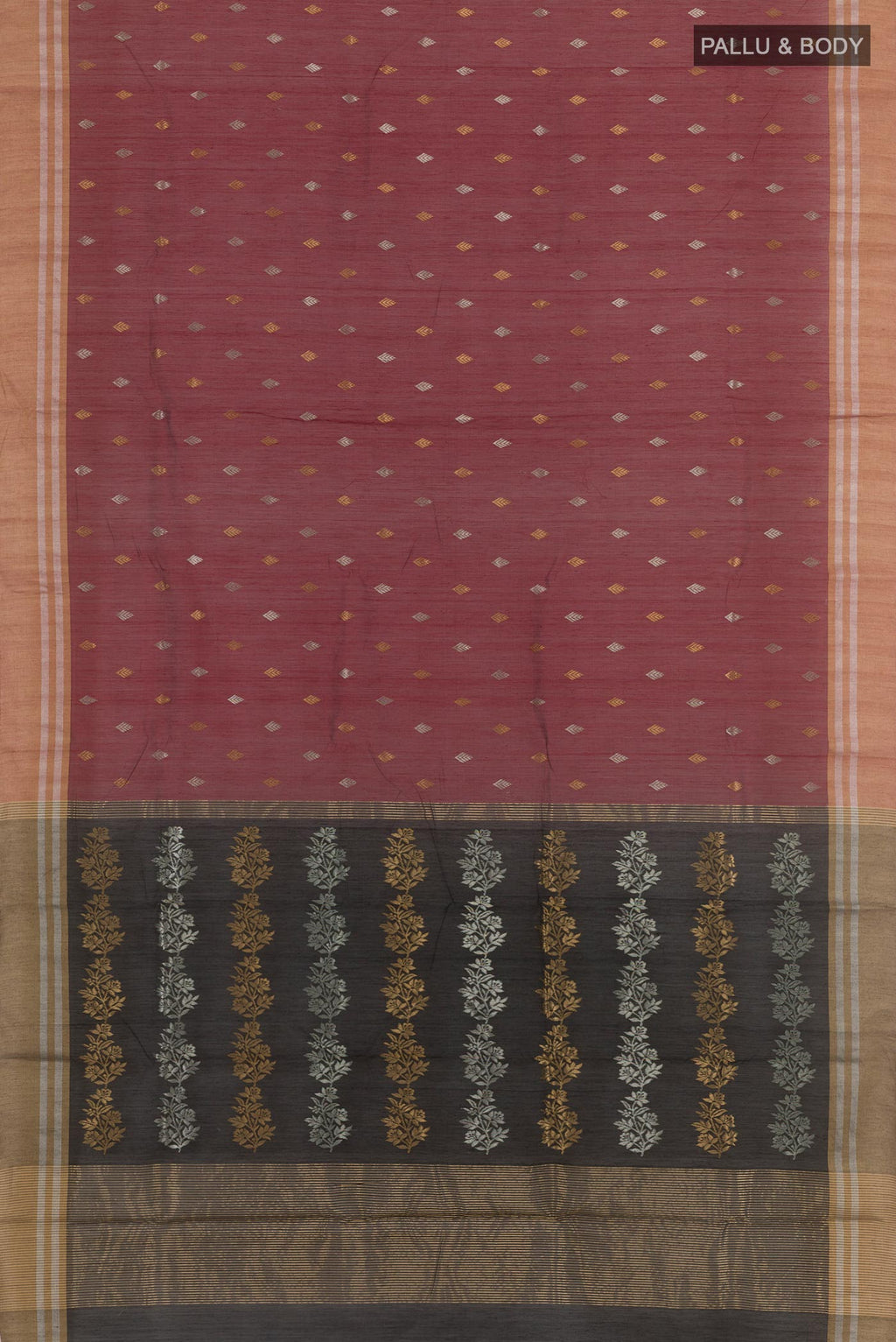 Flat view of Maroon Chanderi Silk Cotton Saree with Zari Butta on the body and Zari Border. 