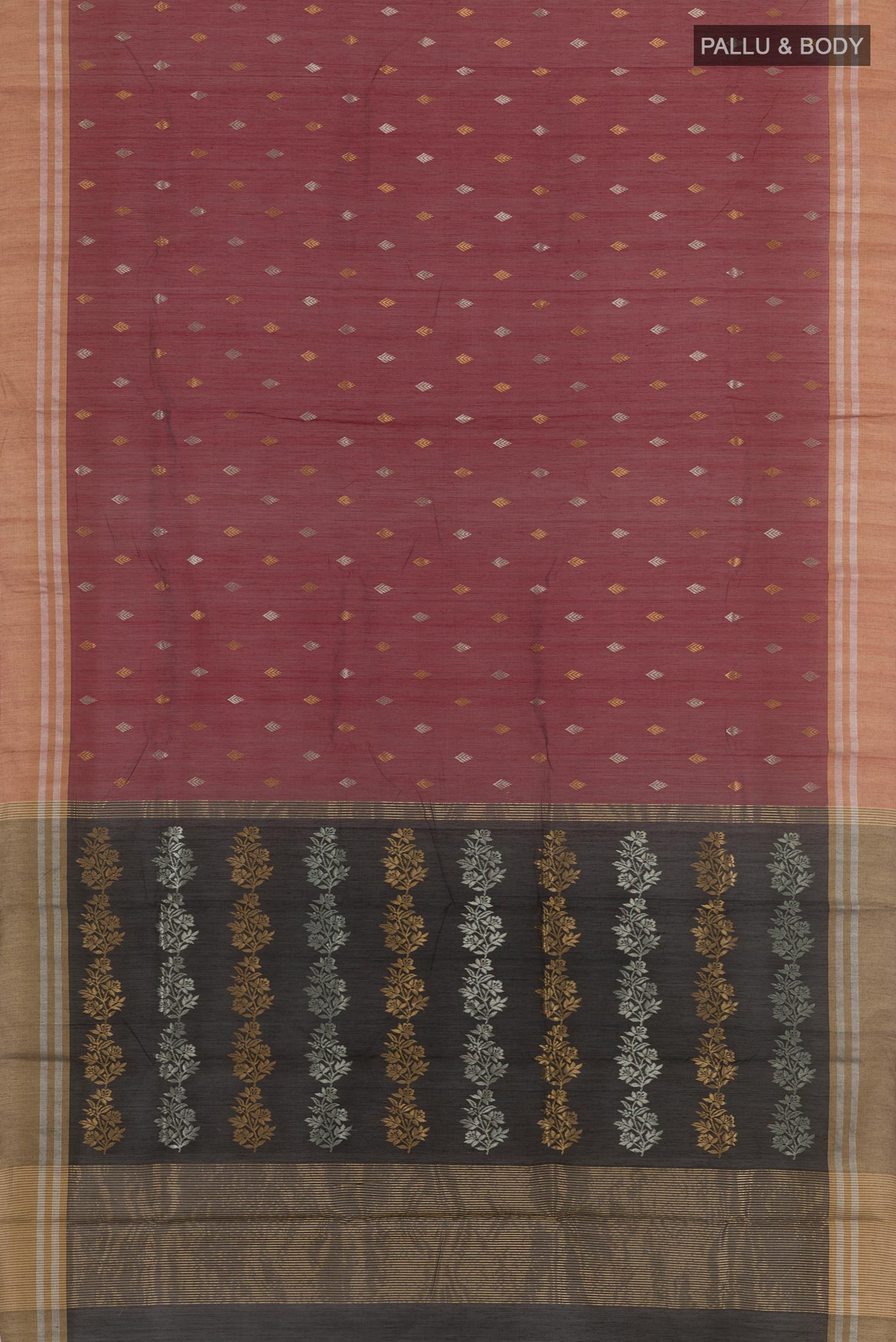 Flat view of Maroon Chanderi Silk Cotton Saree with Zari Butta on the body and Zari Border. 