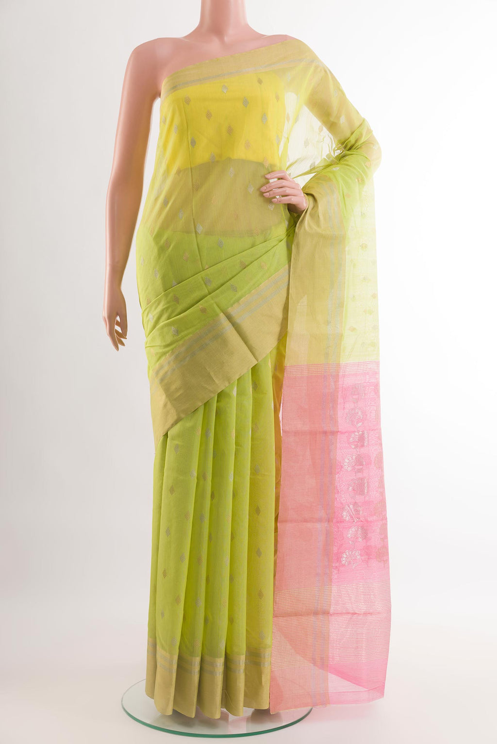 Green Chanderi Silk Saree with Zari Butta on the body and Zari Border.  displayed on a mannequin