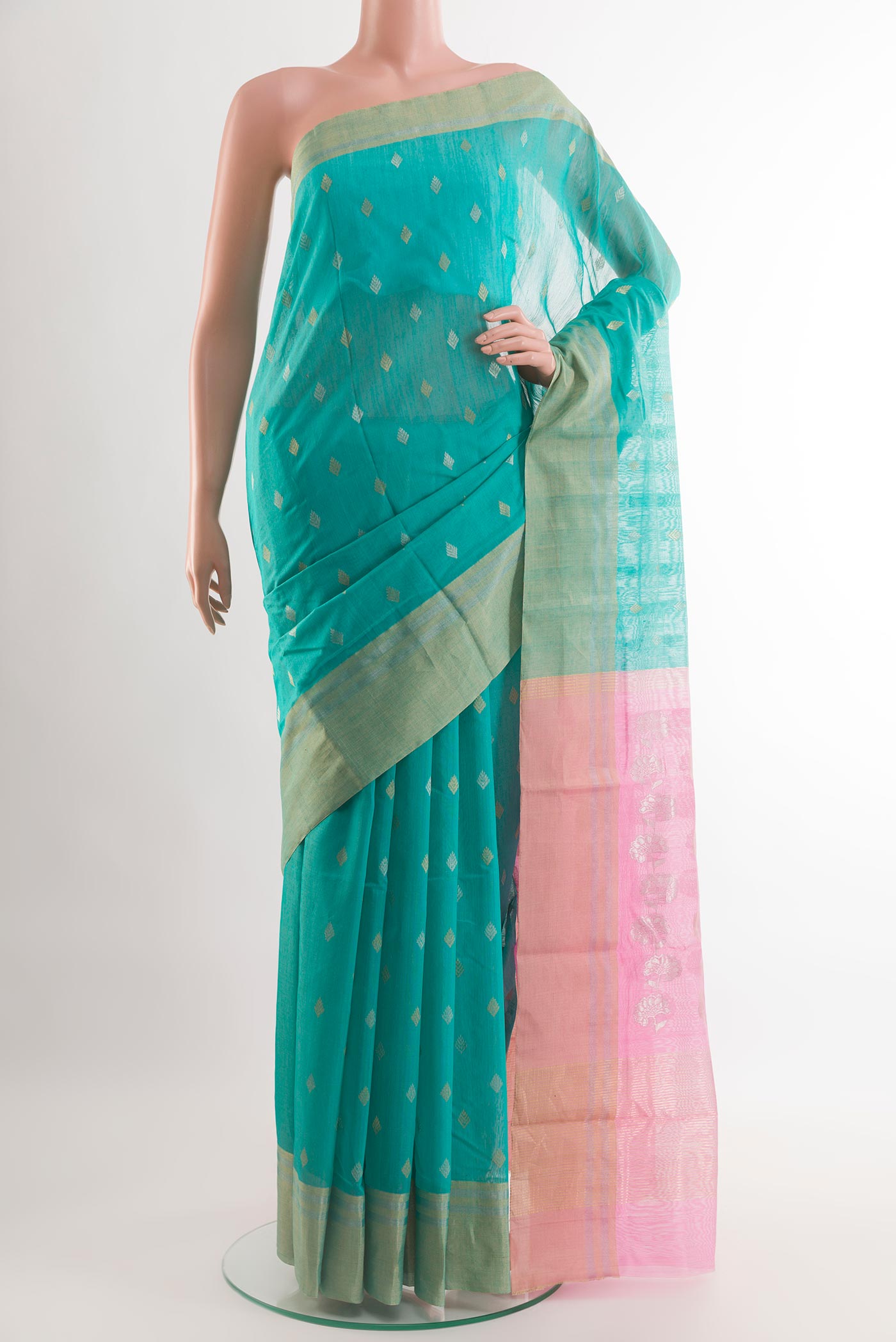 Blue Chanderi Silk Saree with Zari Butta on the body and Zari Border.  displayed on a mannequin
