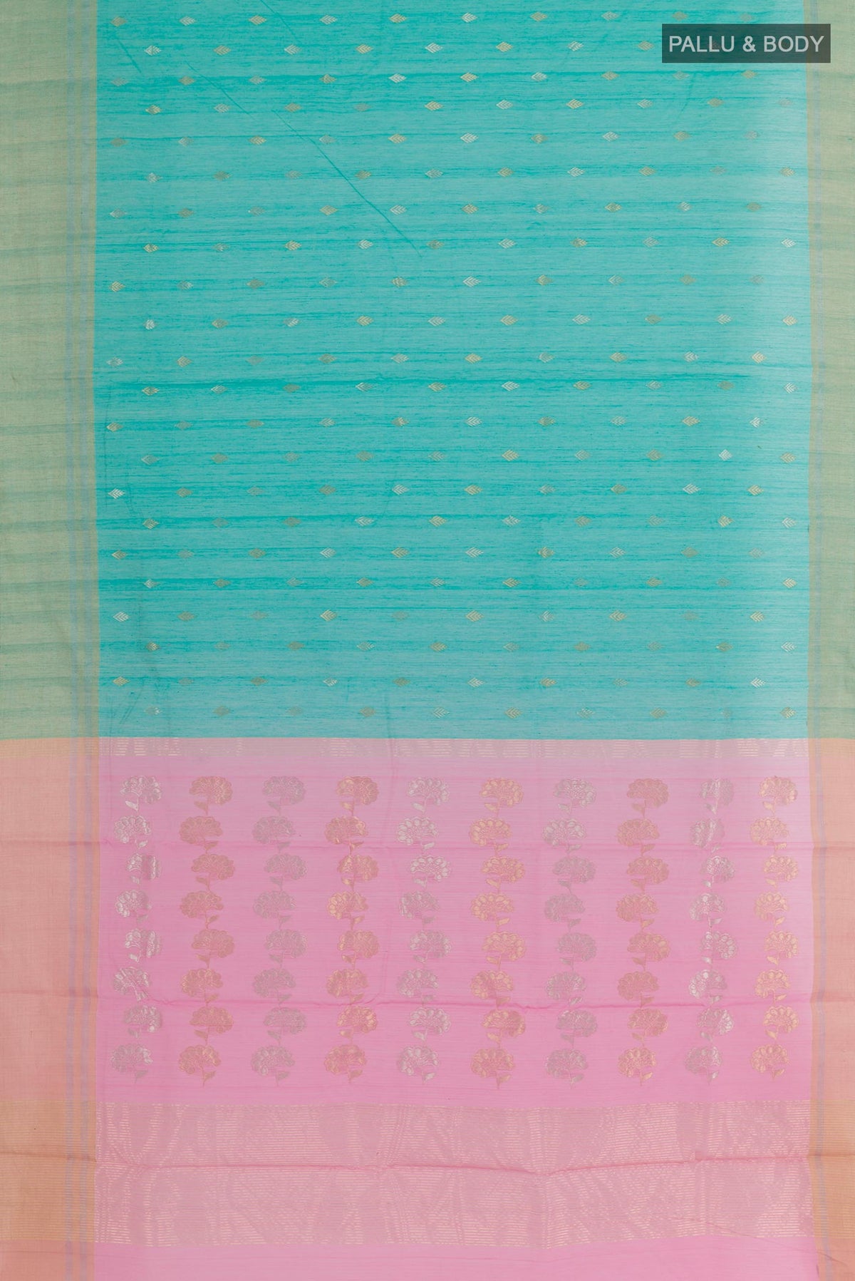 Flat view of Blue Chanderi Silk Saree with Zari Butta on the body and Zari Border. 
