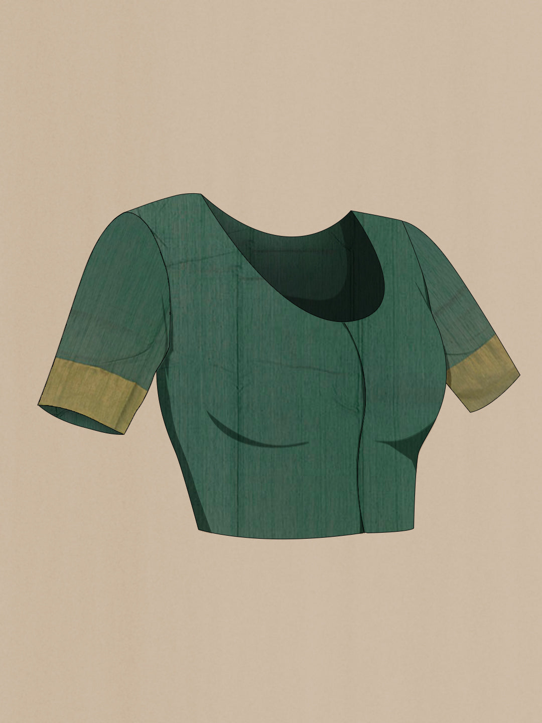 Close up image of the blouse of Bottle Green Chanderi Silk Saree with Zari Butta on the body and Zari Border. 