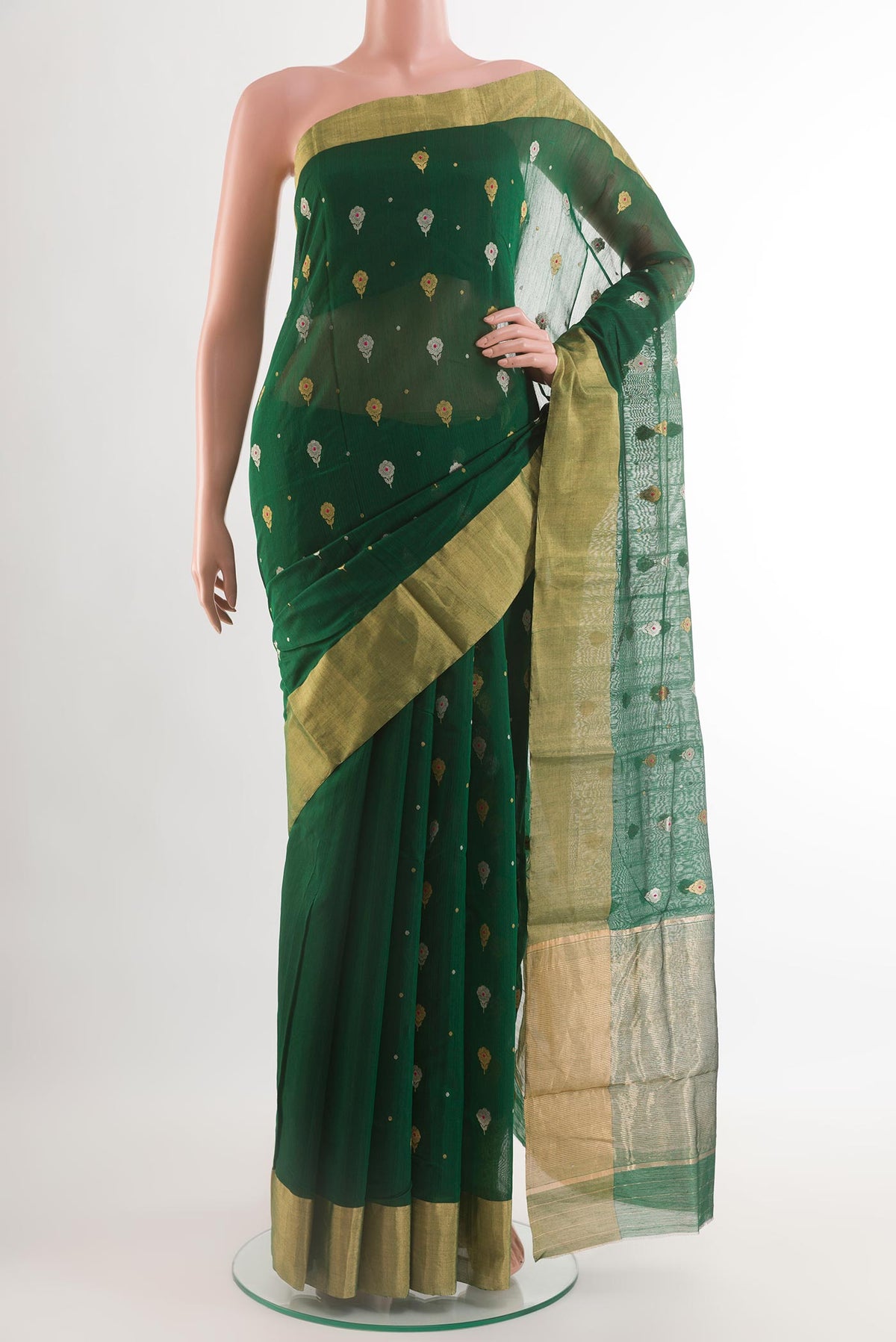 Bottle Green Chanderi Silk Saree with Zari Butta on the body and Zari Border.  displayed on a mannequin